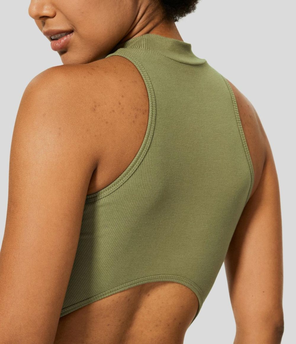 Ribbed Knit Sleeveless Racerback Curved Hem Crop Casual Tank Top  | Womens  T-Shirts Clothing Green Olive/Black