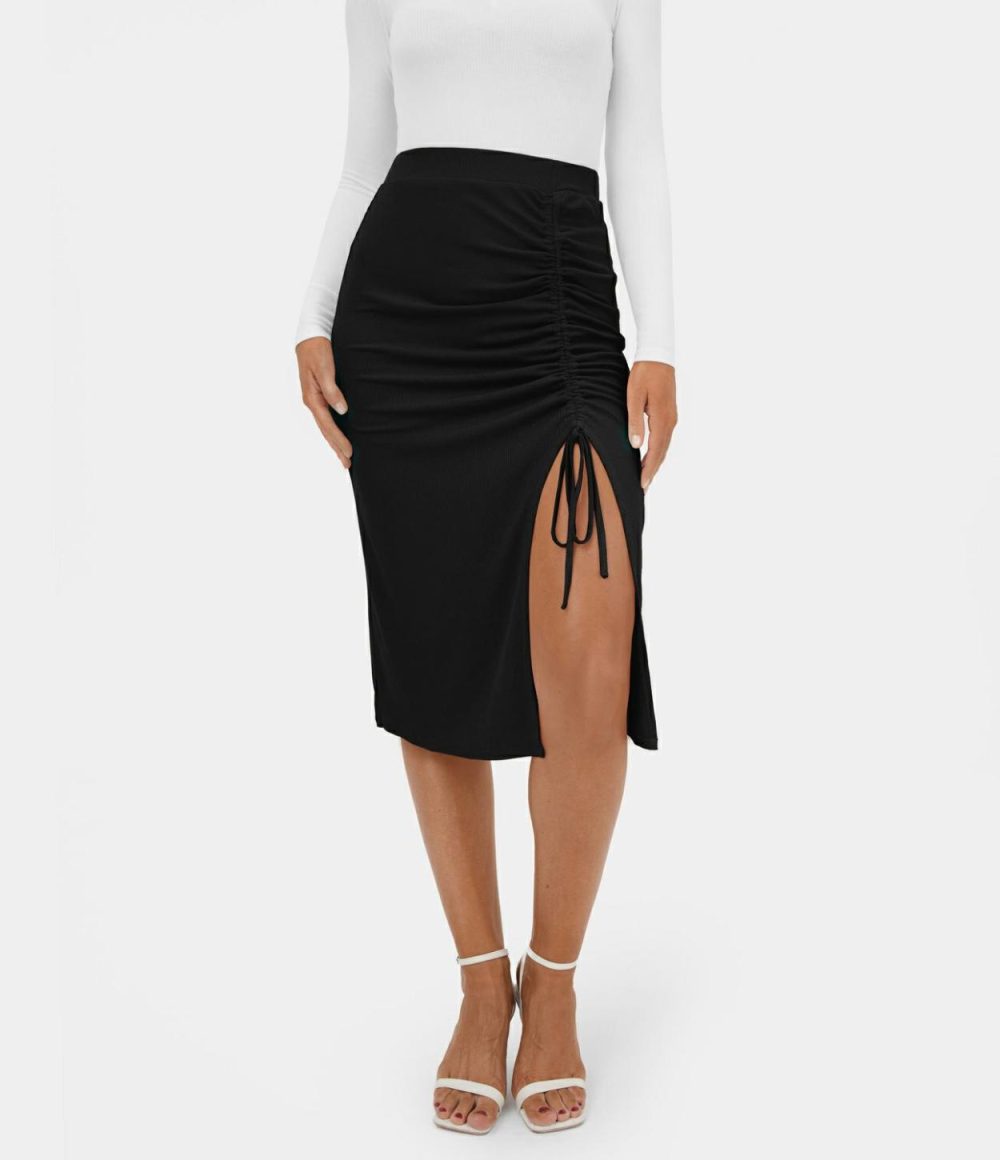 Ribbed Knit Solid Ruched Drawstring Split Bodycon Midi Casual Skirt  | Womens  Everyday Skirts Clothing Black/Lantana