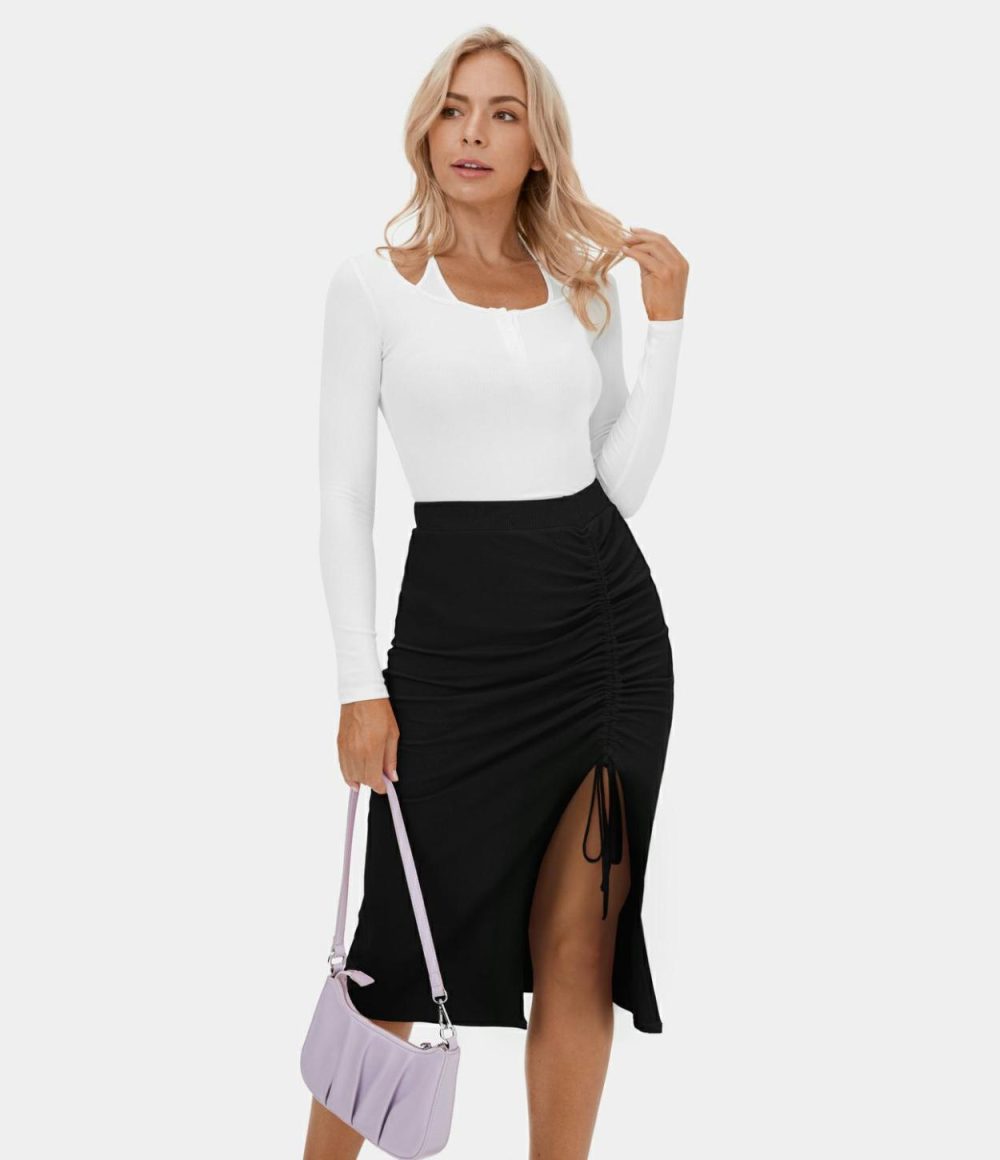 Ribbed Knit Solid Ruched Drawstring Split Bodycon Midi Casual Skirt  | Womens  Everyday Skirts Clothing Black/Lantana