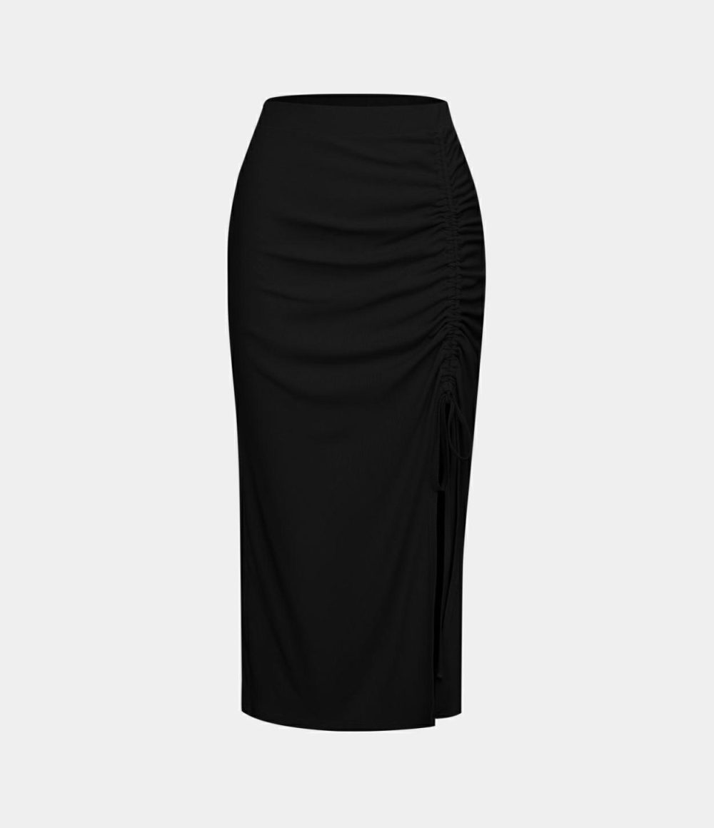 Ribbed Knit Solid Ruched Drawstring Split Bodycon Midi Casual Skirt  | Womens  Everyday Skirts Clothing Black/Lantana