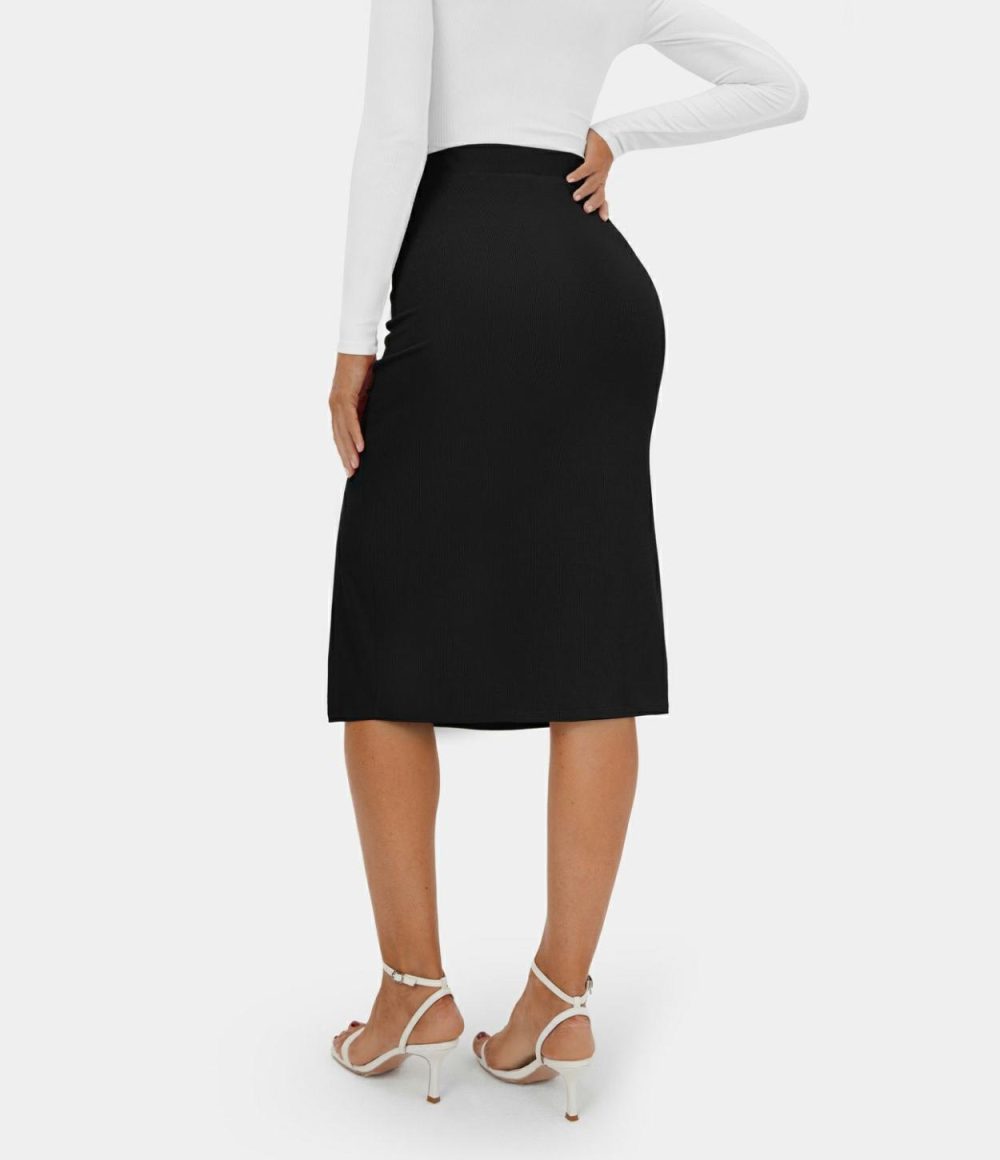 Ribbed Knit Solid Ruched Drawstring Split Bodycon Midi Casual Skirt  | Womens  Everyday Skirts Clothing Black/Lantana