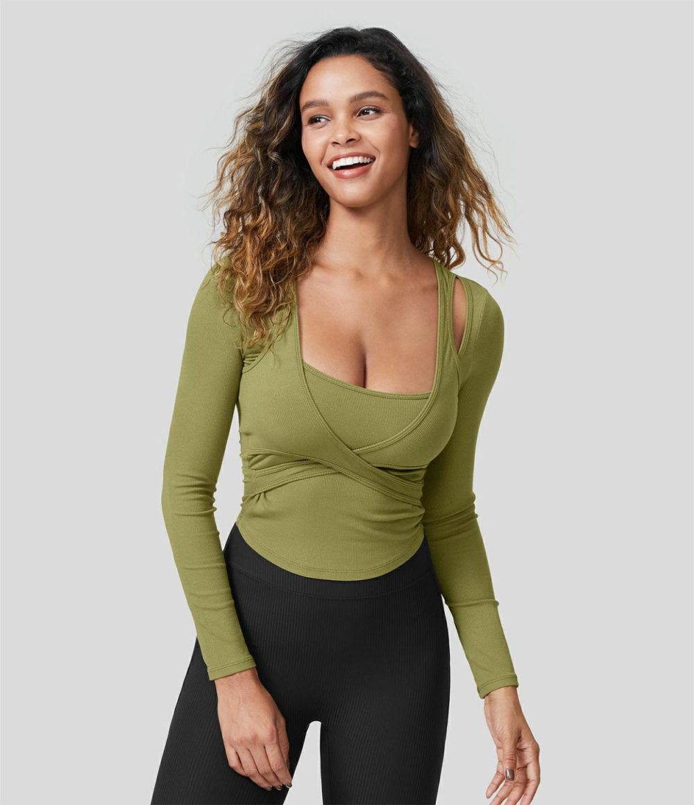 Ribbed Knit Square Neck Cut Out Long Sleeve Curved Hem Cropped Casual Sports Top  | Womens  Sports Tops Clothing Green Olive/Samba/Ruby Wine/Black