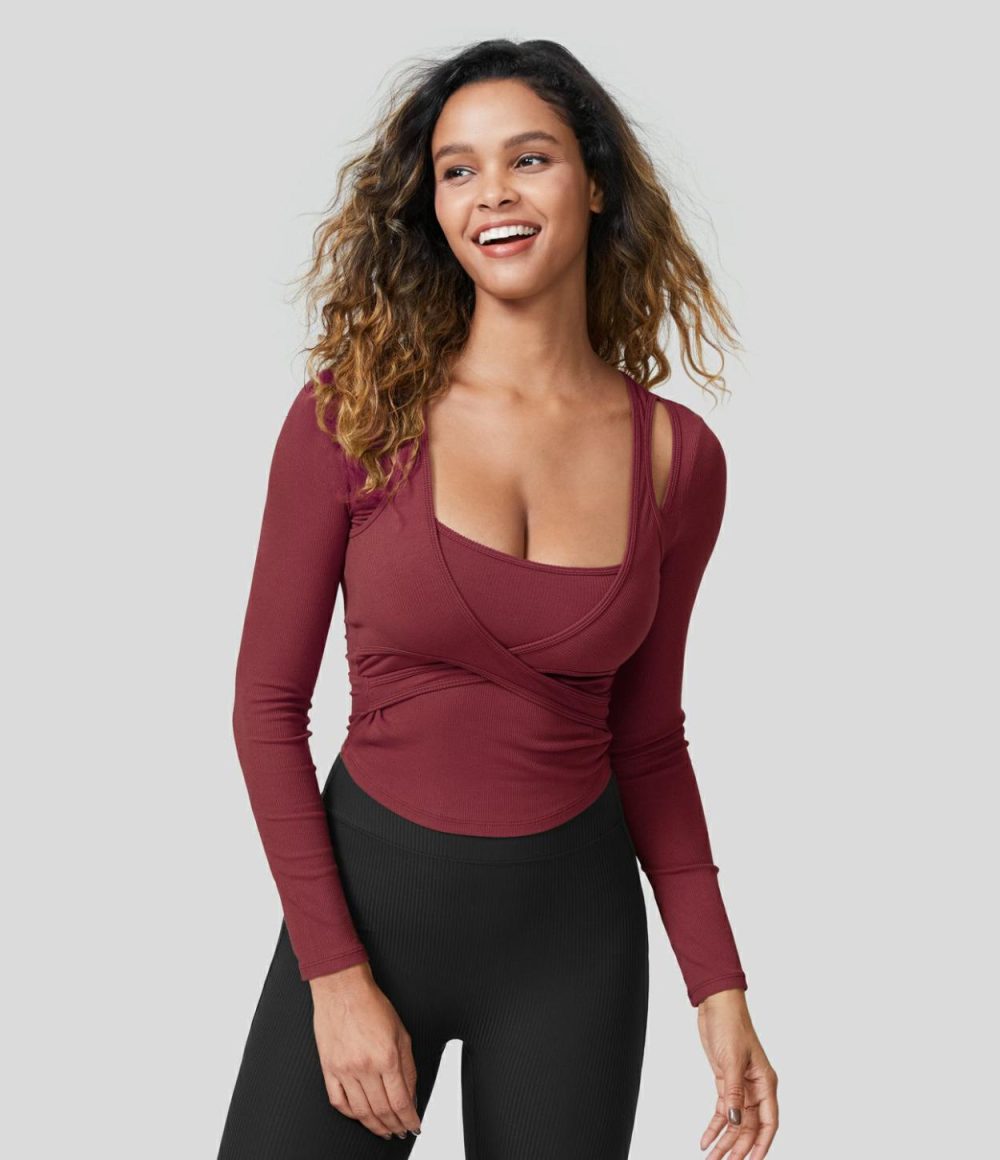 Ribbed Knit Square Neck Cut Out Long Sleeve Curved Hem Cropped Casual Sports Top  | Womens  Sports Tops Clothing Green Olive/Samba/Ruby Wine/Black