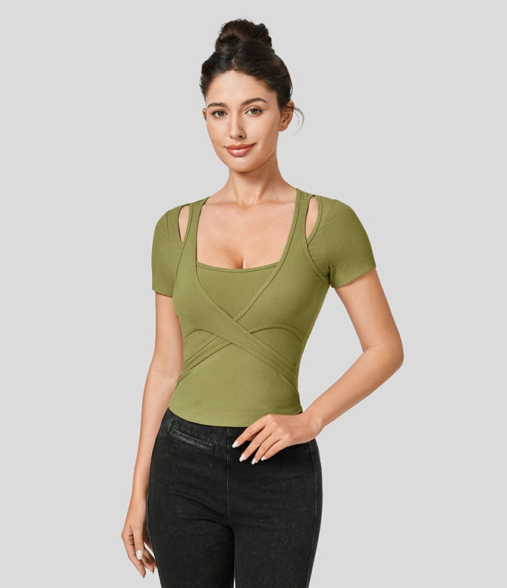 Ribbed Knit Square Neck Cut Out Short Sleeve Curved Hem Cropped Casual Sports Top  | Womens  Sports Tops Clothing Green Olive/Black