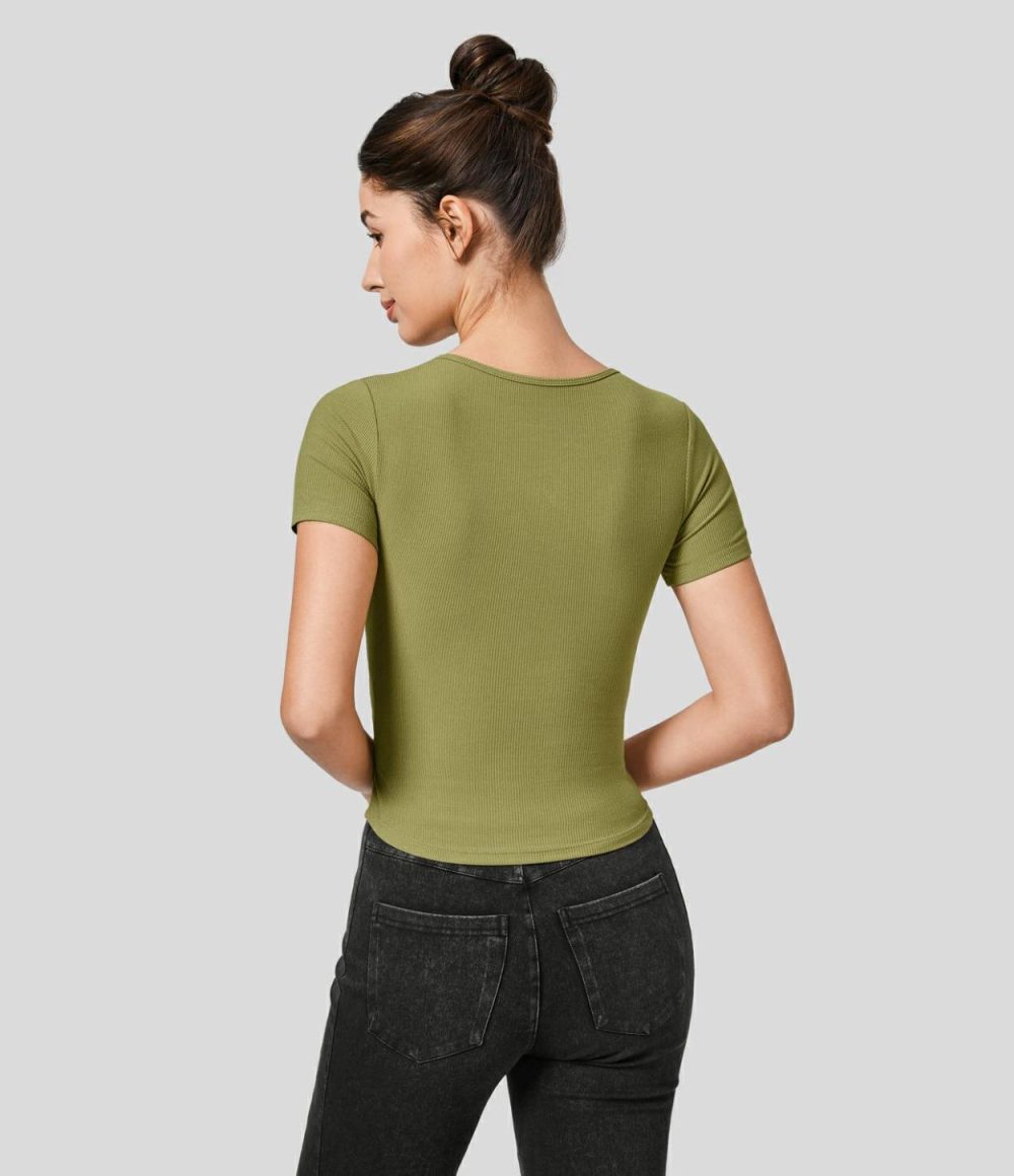 Ribbed Knit Square Neck Cut Out Short Sleeve Curved Hem Cropped Casual Sports Top  | Womens  Sports Tops Clothing Green Olive/Black