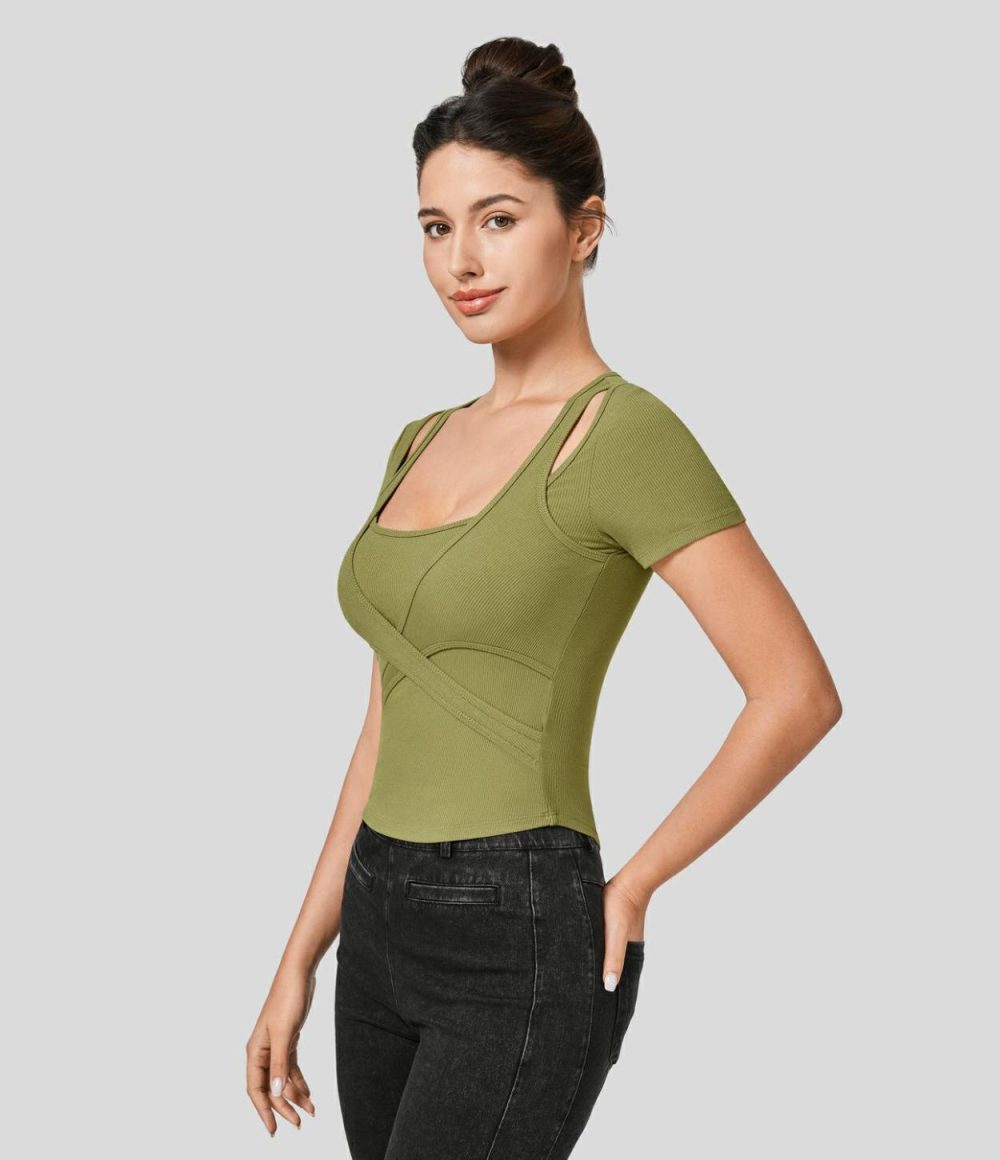 Ribbed Knit Square Neck Cut Out Short Sleeve Curved Hem Cropped Casual Sports Top  | Womens  Sports Tops Clothing Green Olive/Black