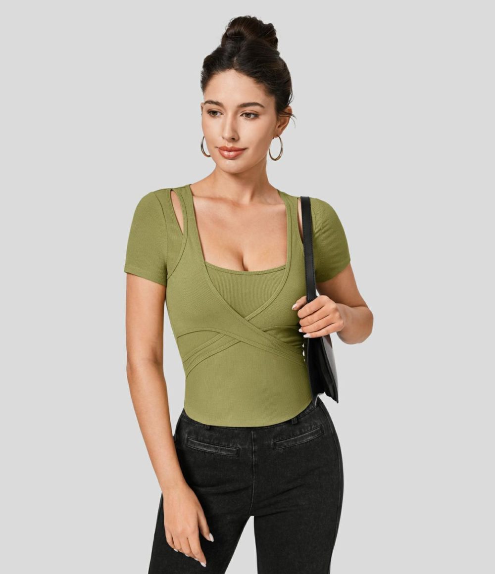 Ribbed Knit Square Neck Cut Out Short Sleeve Curved Hem Cropped Casual Sports Top  | Womens  Sports Tops Clothing Green Olive/Black