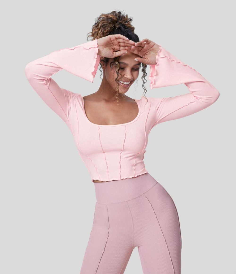 Ribbed Knit Square Neck Slight Flare Long Sleeve Lettuce Trim Corset Cropped Dance Sports Top  | Womens  Sports Tops Clothing Rose Haze Pink/Deep Dive