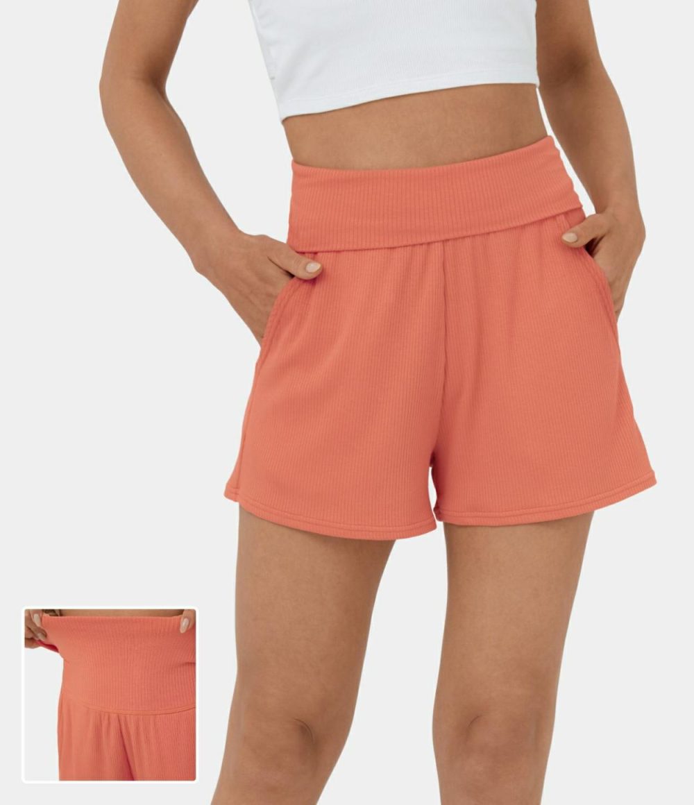 Ribbed Knit Super High Waisted Foldover Side Pocket Casual Shorts 2.5”  | Womens  2.5″ Shorts 2.5" Shorts 2.5" Shorts