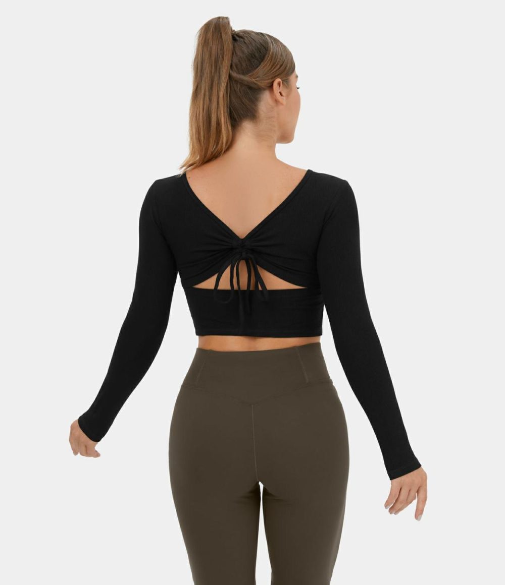 Ribbed Knit V Back Ruched Drawstring Cut Out Cropped Yoga Sports Top  | Womens  Sports Tops Clothing Black/Azure Haze/Silver Pink