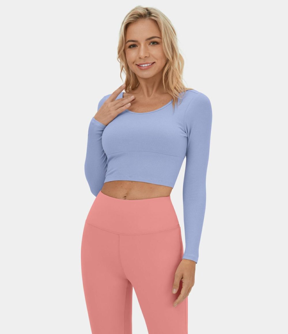 Ribbed Knit V Back Ruched Drawstring Cut Out Cropped Yoga Sports Top  | Womens  Sports Tops Clothing Black/Azure Haze/Silver Pink