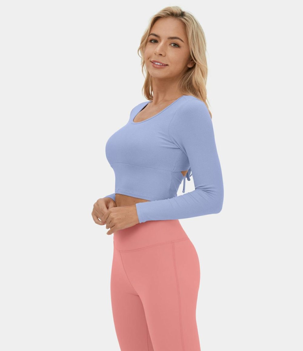 Ribbed Knit V Back Ruched Drawstring Cut Out Cropped Yoga Sports Top  | Womens  Sports Tops Clothing Black/Azure Haze/Silver Pink