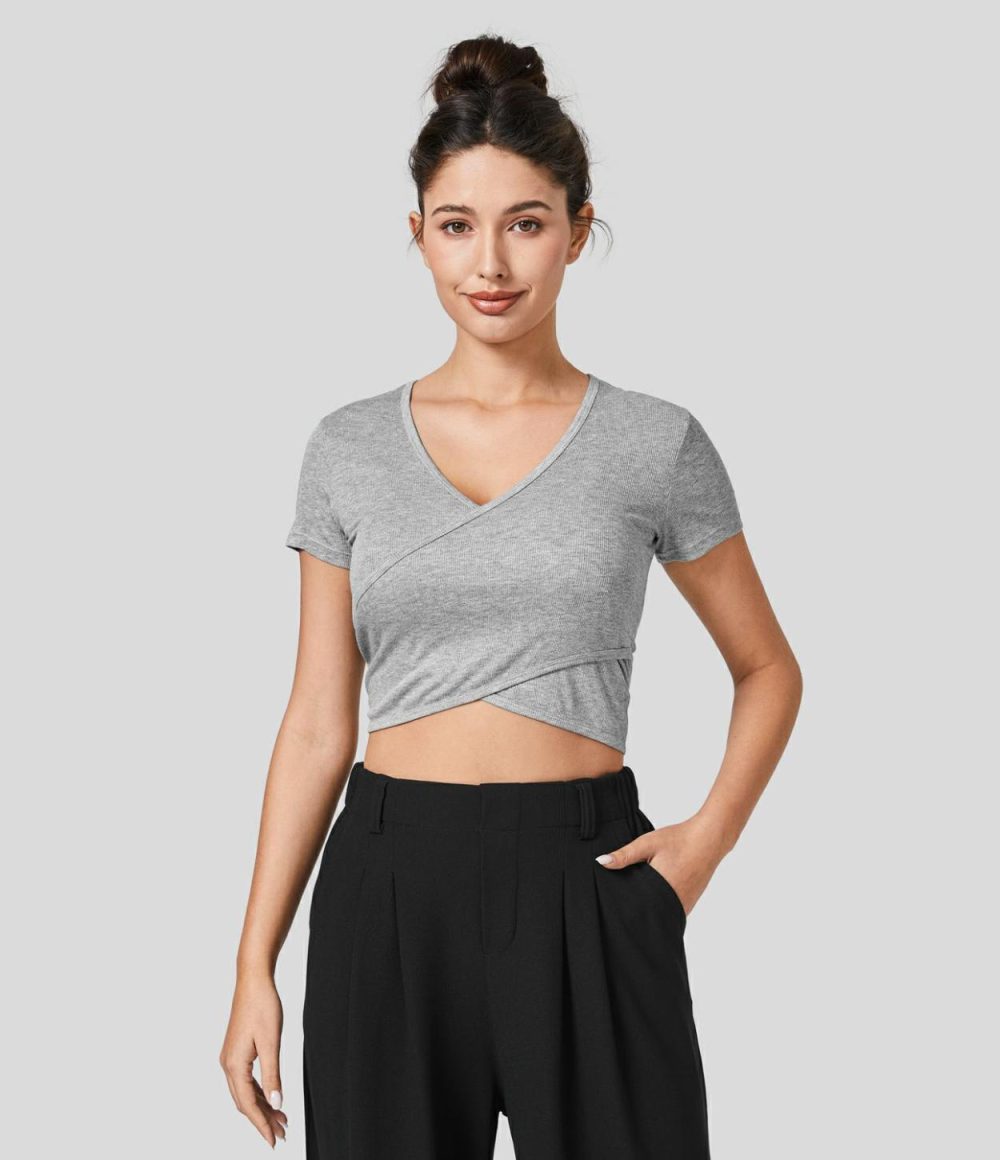 Ribbed Knit V Neck Crossover Wrapped Cropped Casual Top  | Womens  Cropped Tops Clothing Cropped Tops