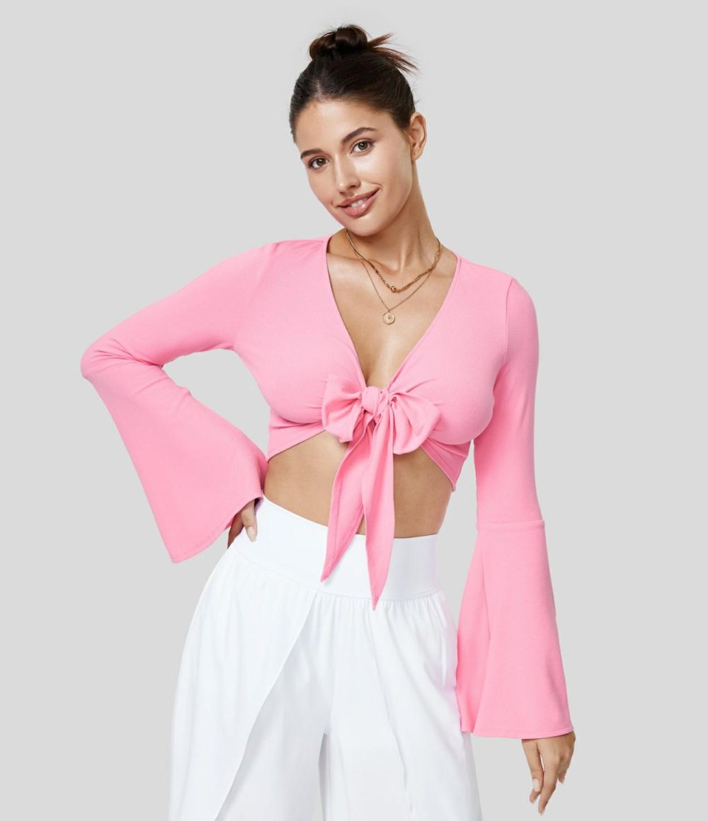 Ribbed Knit V Neck Tie Front Flare Long Sleeve Cropped Casual Top  | Womens  Long Sleeve Tops Clothing Coral Pink/Black