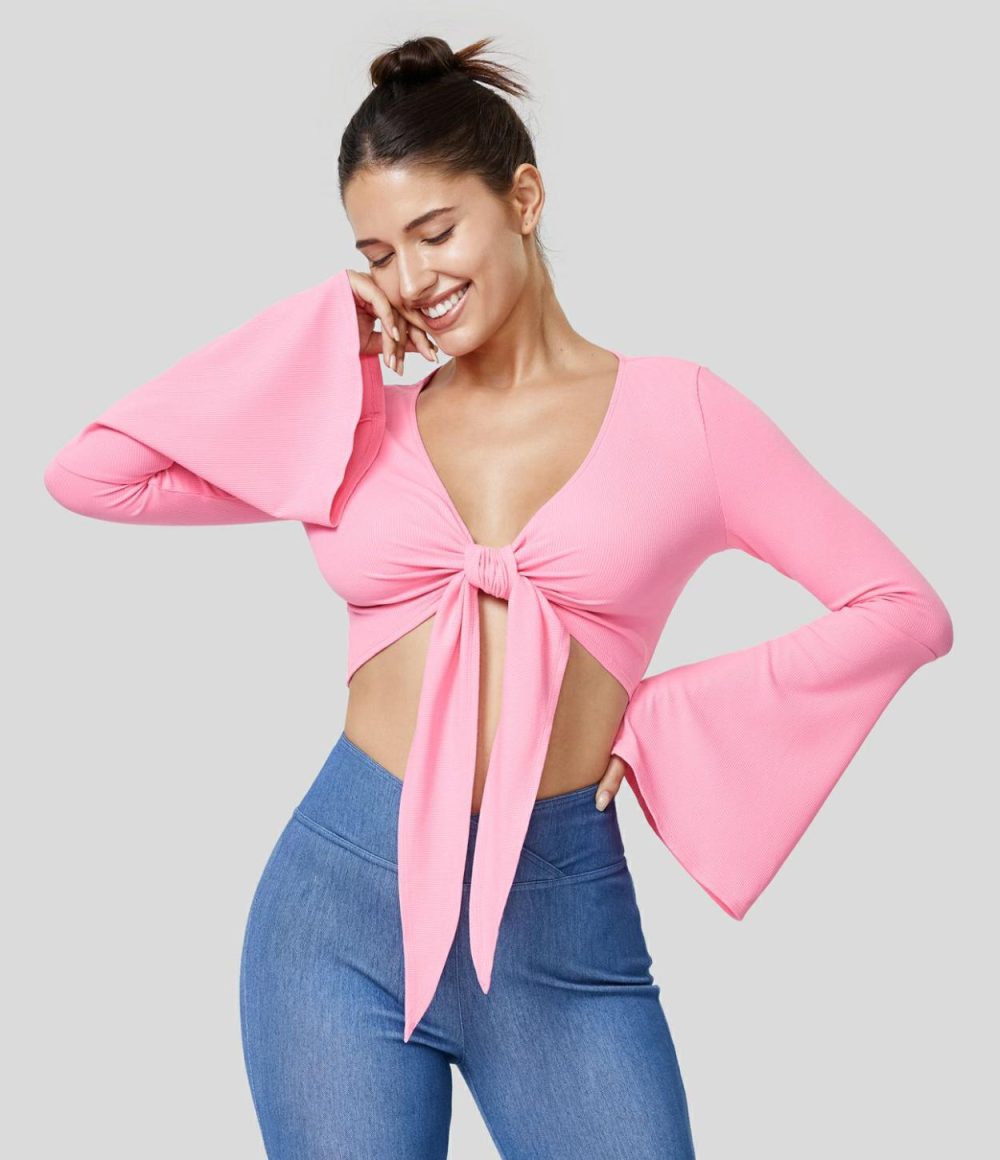 Ribbed Knit V Neck Tie Front Flare Long Sleeve Cropped Casual Top  | Womens  Long Sleeve Tops Clothing Coral Pink/Black