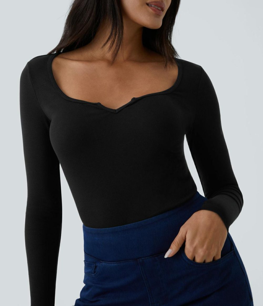 Ribbed Notched Scoop Neck Long Sleeve Slim Casual Top  | Womens  Long Sleeve Tops Clothing Black/Ash Grey/Stardust Pink/Deep Stone Green/Scarlet Smile/Assad Dark Blue/Arctic Wolf