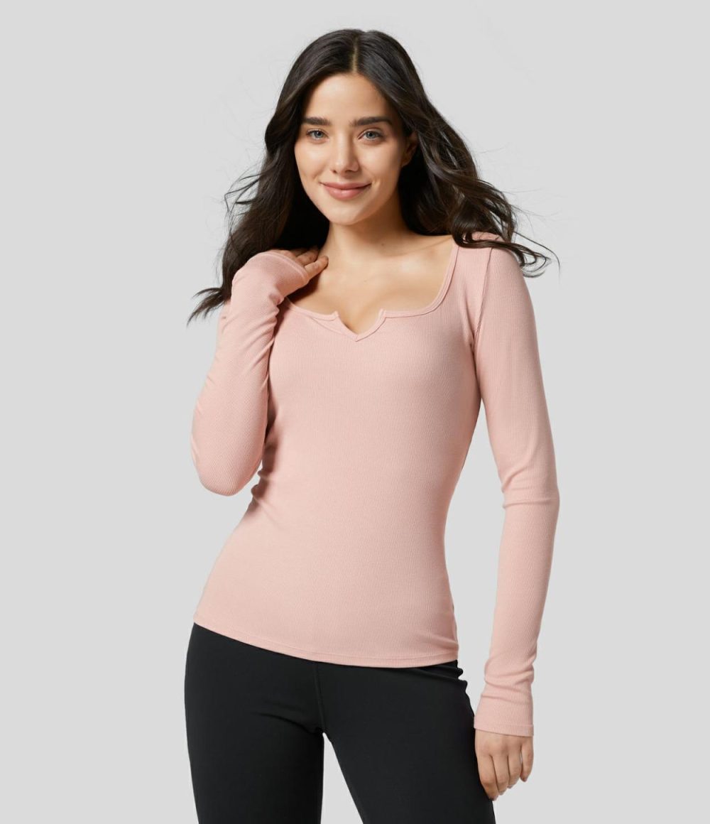 Ribbed Notched Scoop Neck Long Sleeve Slim Casual Top  | Womens  Long Sleeve Tops Clothing Black/Ash Grey/Stardust Pink/Deep Stone Green/Scarlet Smile/Assad Dark Blue/Arctic Wolf