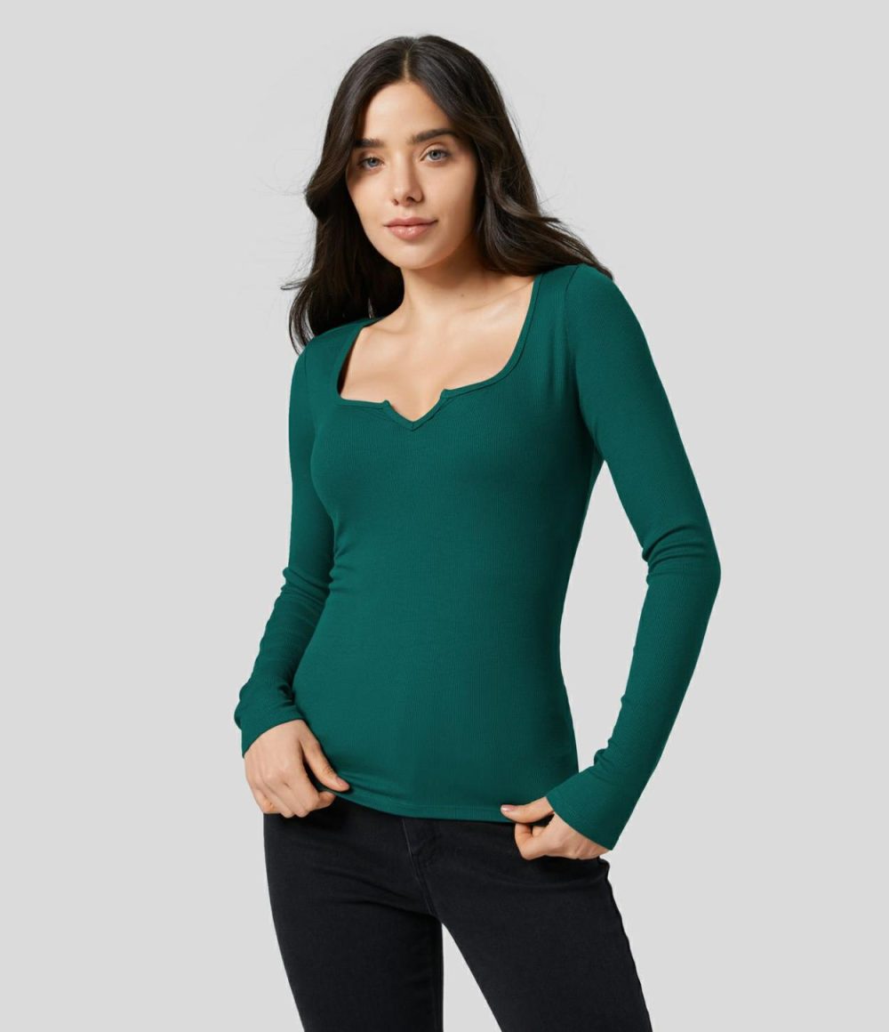 Ribbed Notched Scoop Neck Long Sleeve Slim Casual Top  | Womens  Long Sleeve Tops Clothing Black/Ash Grey/Stardust Pink/Deep Stone Green/Scarlet Smile/Assad Dark Blue/Arctic Wolf