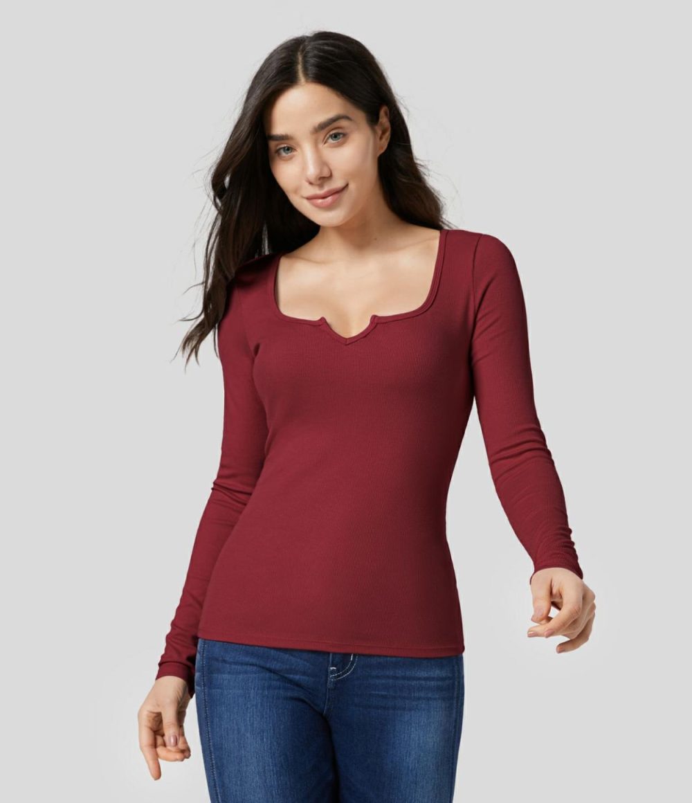 Ribbed Notched Scoop Neck Long Sleeve Slim Casual Top  | Womens  Long Sleeve Tops Clothing Black/Ash Grey/Stardust Pink/Deep Stone Green/Scarlet Smile/Assad Dark Blue/Arctic Wolf