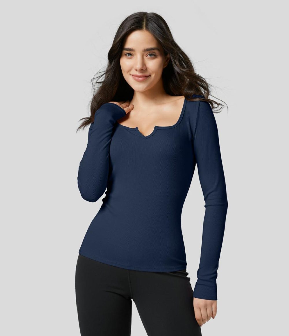 Ribbed Notched Scoop Neck Long Sleeve Slim Casual Top  | Womens  Long Sleeve Tops Clothing Black/Ash Grey/Stardust Pink/Deep Stone Green/Scarlet Smile/Assad Dark Blue/Arctic Wolf