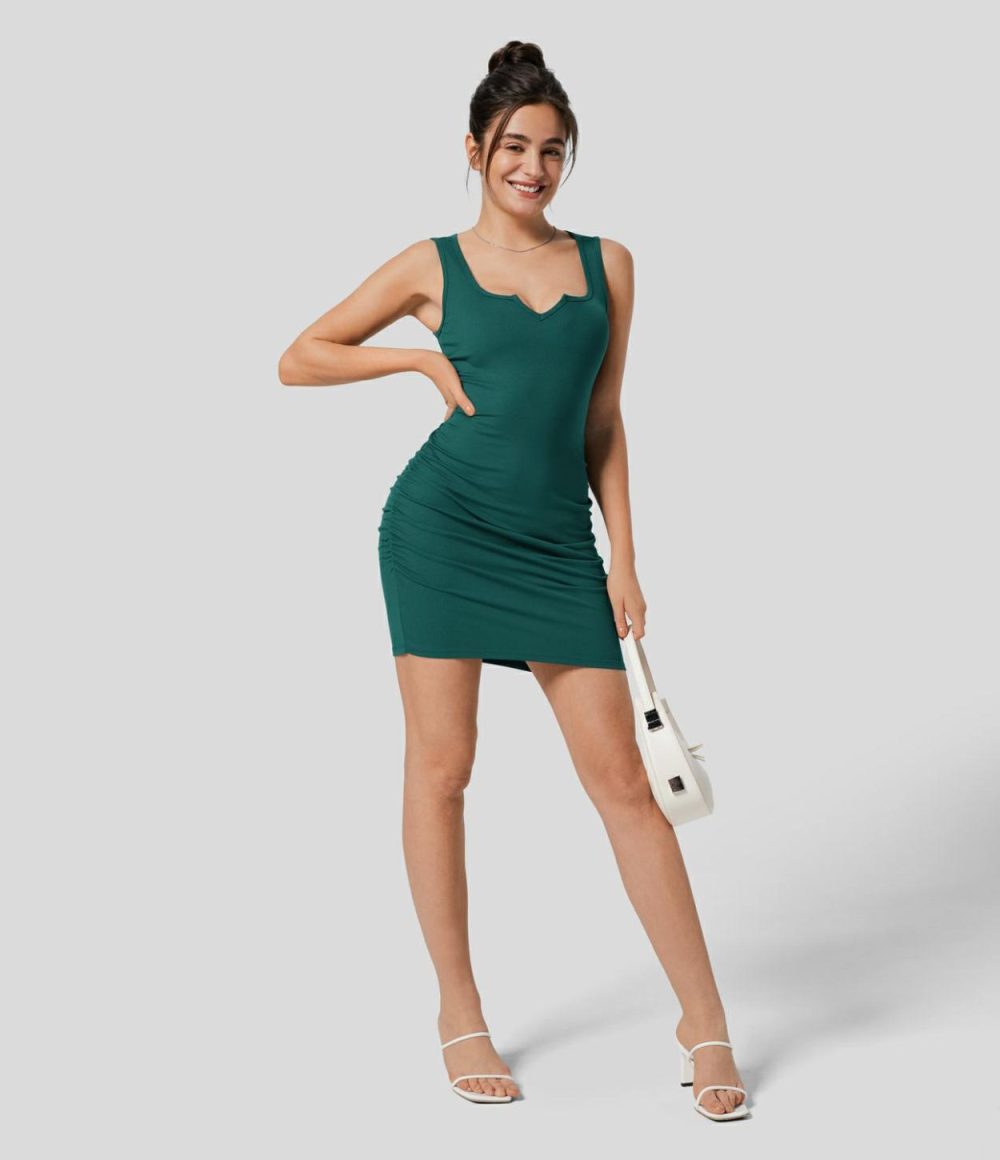 Ribbed Notched Scoop Neck Sleeveless Ruched Bodycon Mini Casual Dress  | Womens  Mini Dresses Clothing Deep Stone Green/Black