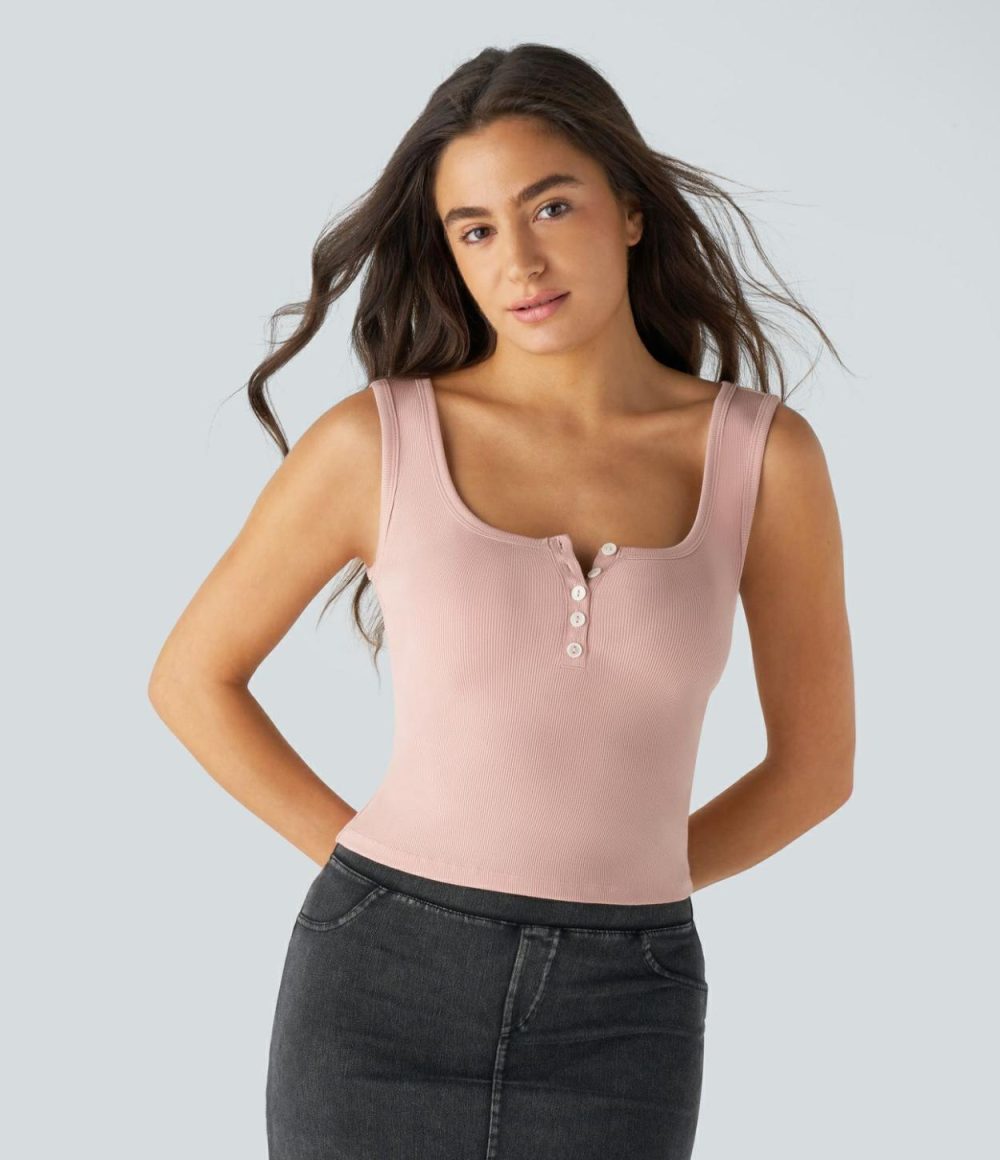 Ribbed Square Neck Button Front Casual Tank Top  | Womens  T-Shirts Clothing Stardust Pink/Black