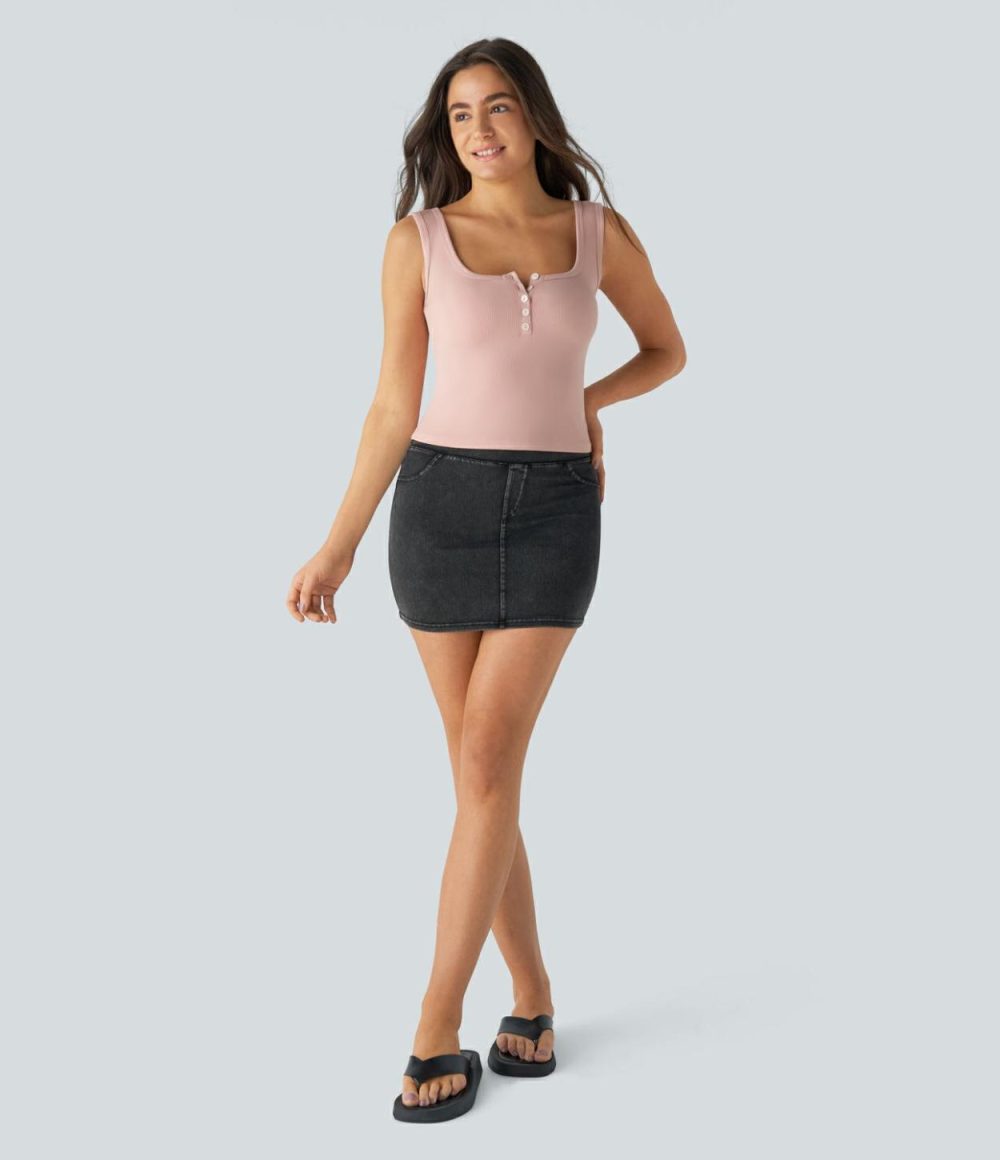 Ribbed Square Neck Button Front Casual Tank Top  | Womens  T-Shirts Clothing Stardust Pink/Black