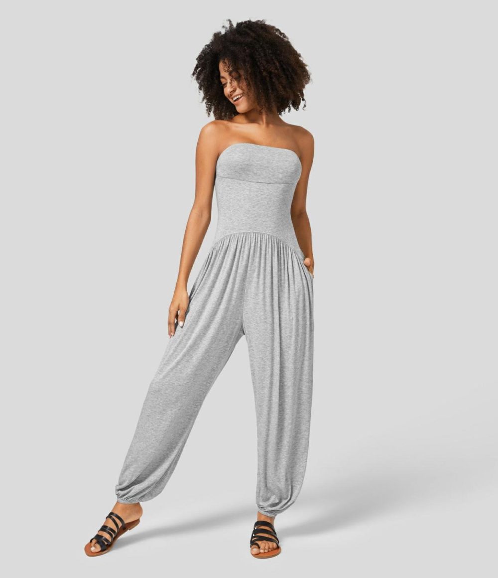 Ribbed Tube Backless Plicated Side Pocket Casual Jumpsuit  | Womens  Dressey Jumpsuits Clothing Dressey Jumpsuits