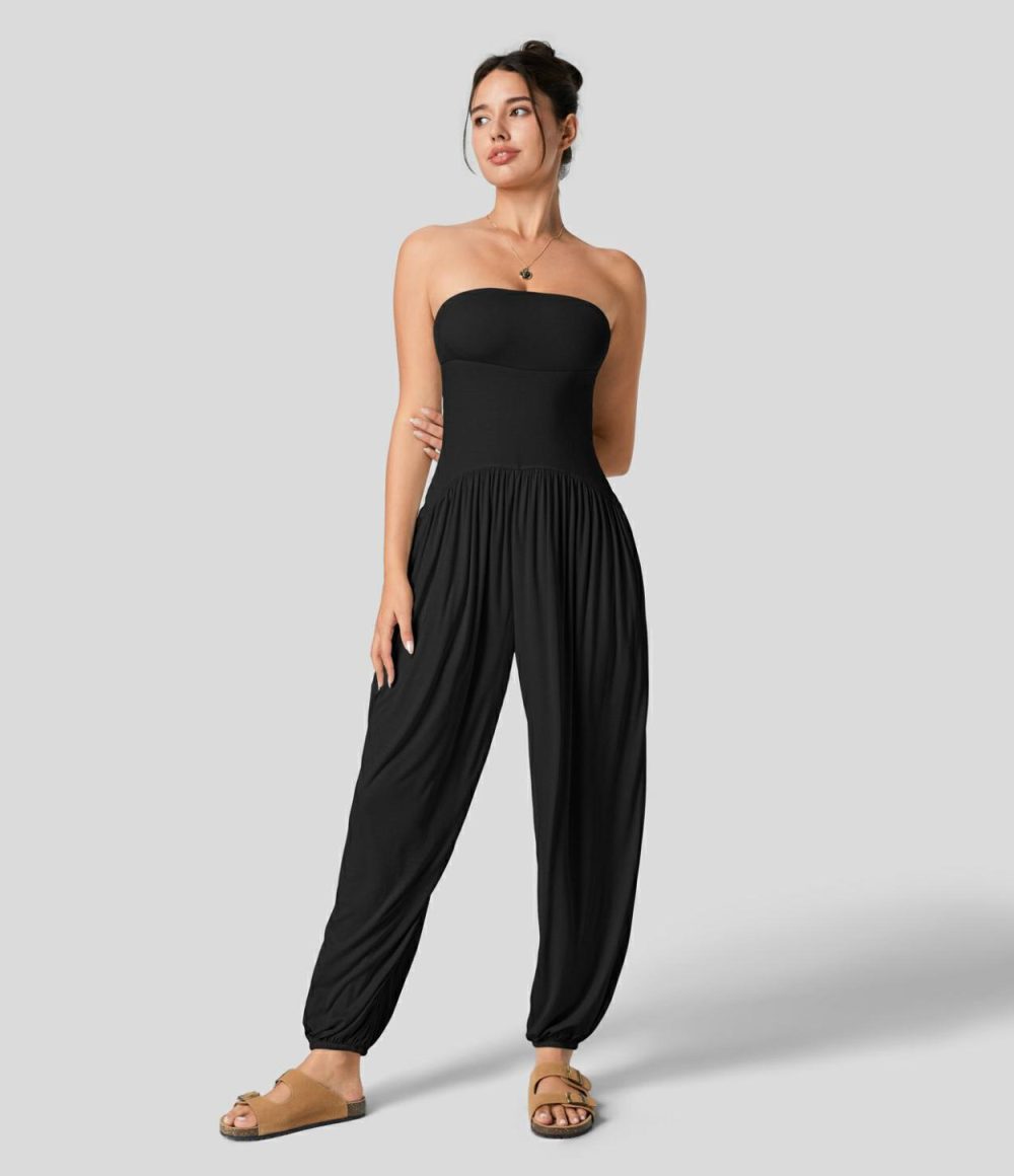 Ribbed Tube Backless Plicated Side Pocket Casual Jumpsuit  | Womens  Dressey Jumpsuits Clothing Dressey Jumpsuits