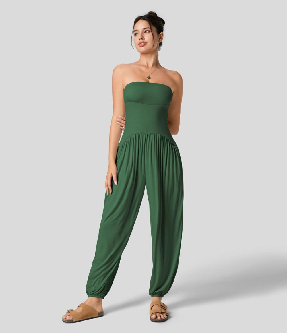 Ribbed Tube Backless Plicated Side Pocket Casual Jumpsuit  | Womens  Dressey Jumpsuits Clothing Dressey Jumpsuits