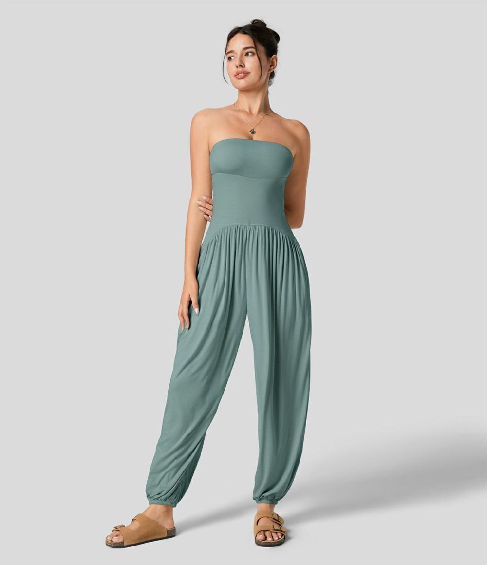 Ribbed Tube Backless Plicated Side Pocket Casual Jumpsuit  | Womens  Dressey Jumpsuits Clothing Dressey Jumpsuits