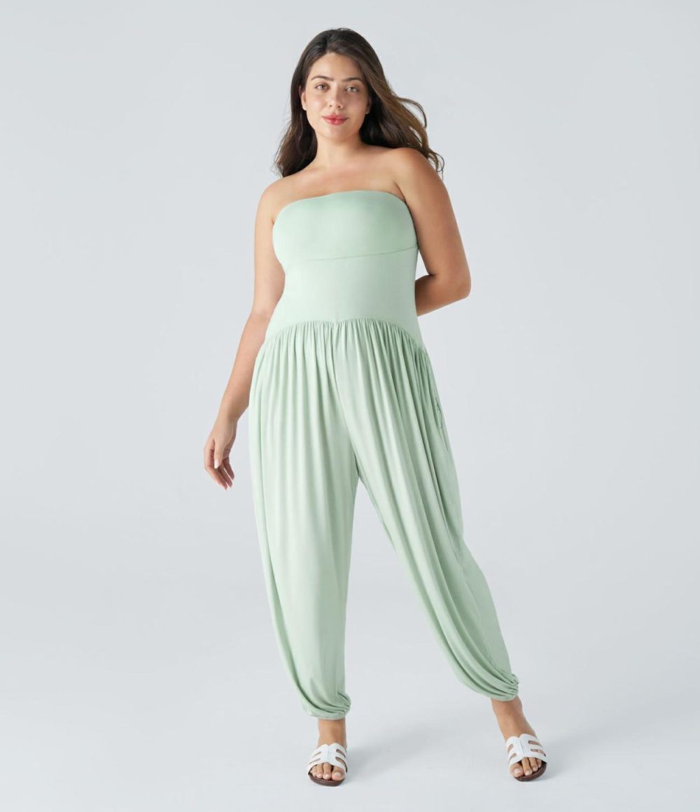 Ribbed Tube Backless Plicated Side Pocket Casual Plus Size Jumpsuit  | Womens  Dressey Jumpsuits Clothing Dressey Jumpsuits