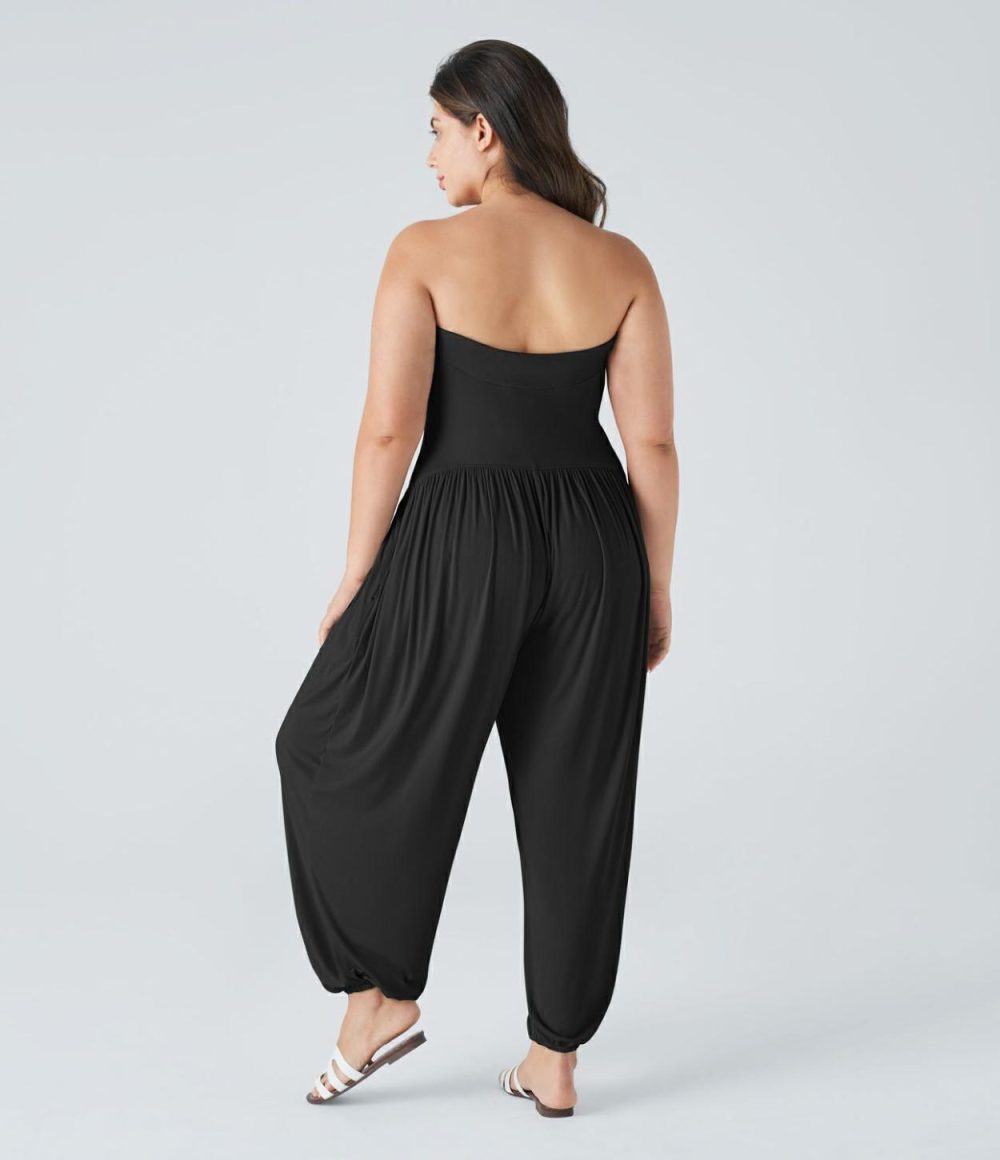 Ribbed Tube Backless Plicated Side Pocket Casual Plus Size Jumpsuit  | Womens  Dressey Jumpsuits Clothing Dressey Jumpsuits