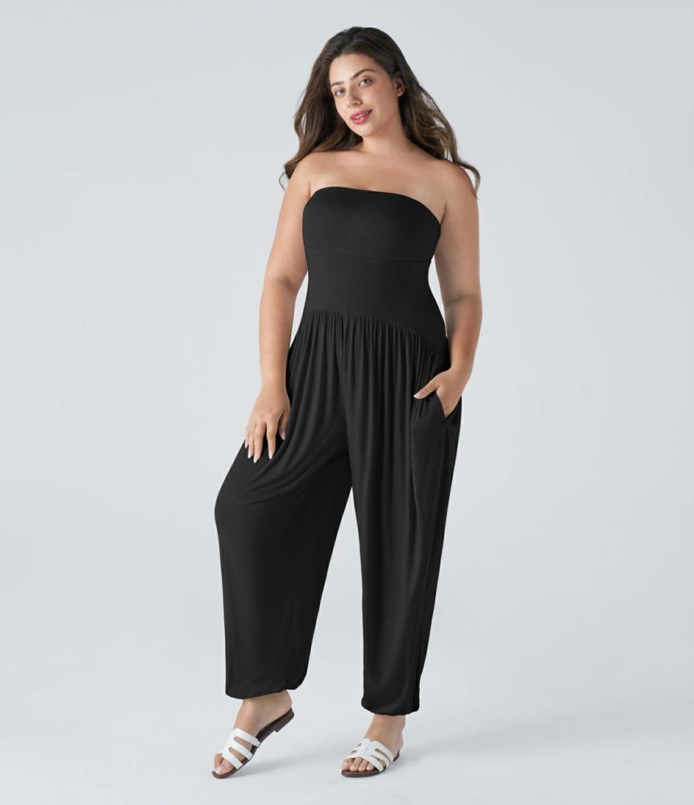 Ribbed Tube Backless Plicated Side Pocket Casual Plus Size Jumpsuit  | Womens  Dressey Jumpsuits Clothing Dressey Jumpsuits