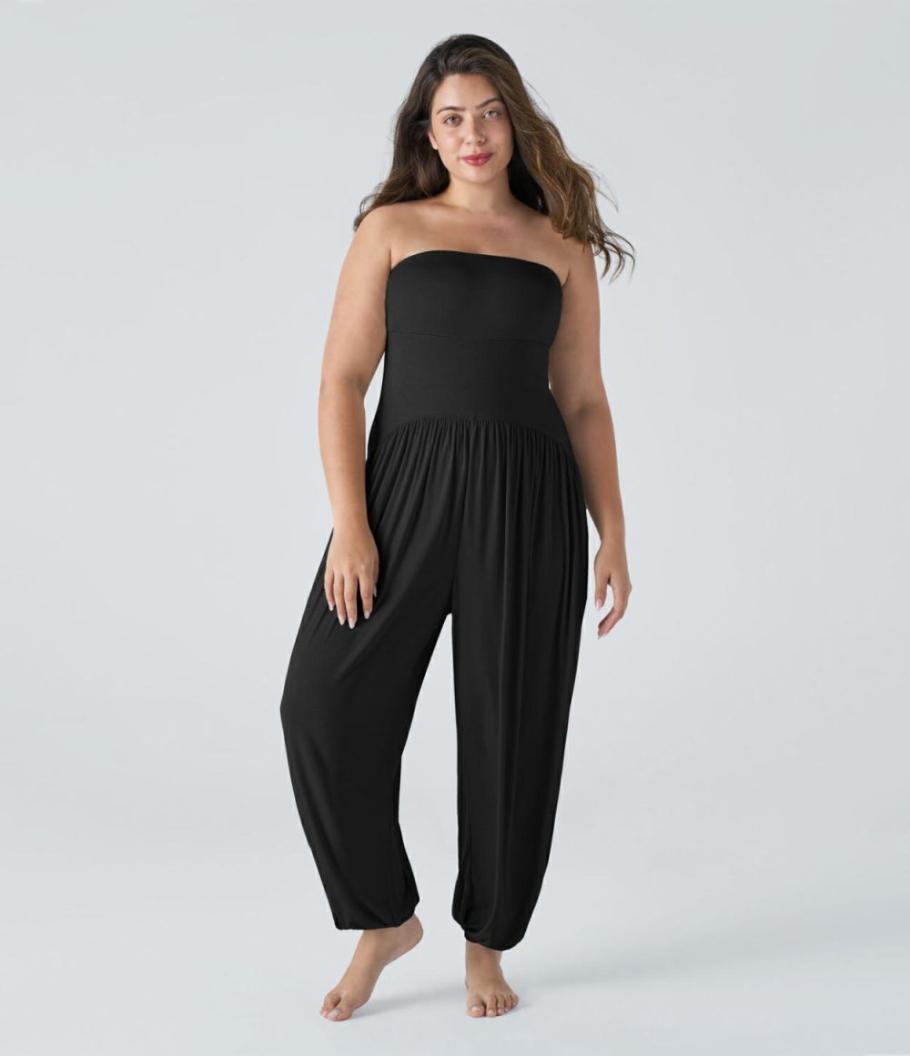 Ribbed Tube Backless Plicated Side Pocket Casual Plus Size Jumpsuit  | Womens  Dressey Jumpsuits Clothing Dressey Jumpsuits