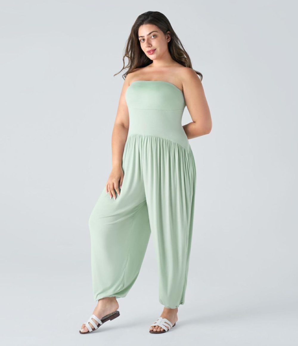 Ribbed Tube Backless Plicated Side Pocket Casual Plus Size Jumpsuit  | Womens  Dressey Jumpsuits Clothing Dressey Jumpsuits