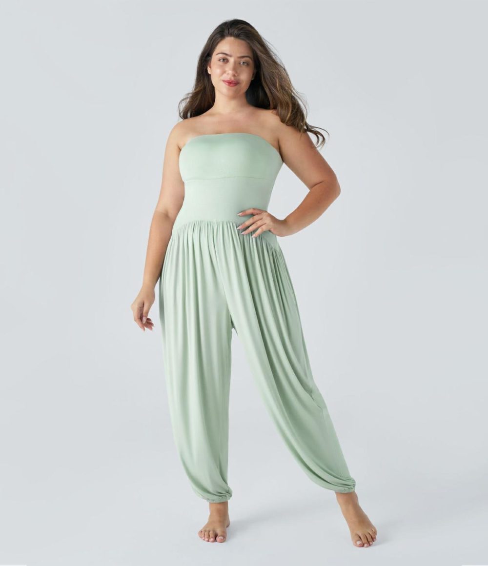 Ribbed Tube Backless Plicated Side Pocket Casual Plus Size Jumpsuit  | Womens  Dressey Jumpsuits Clothing Dressey Jumpsuits