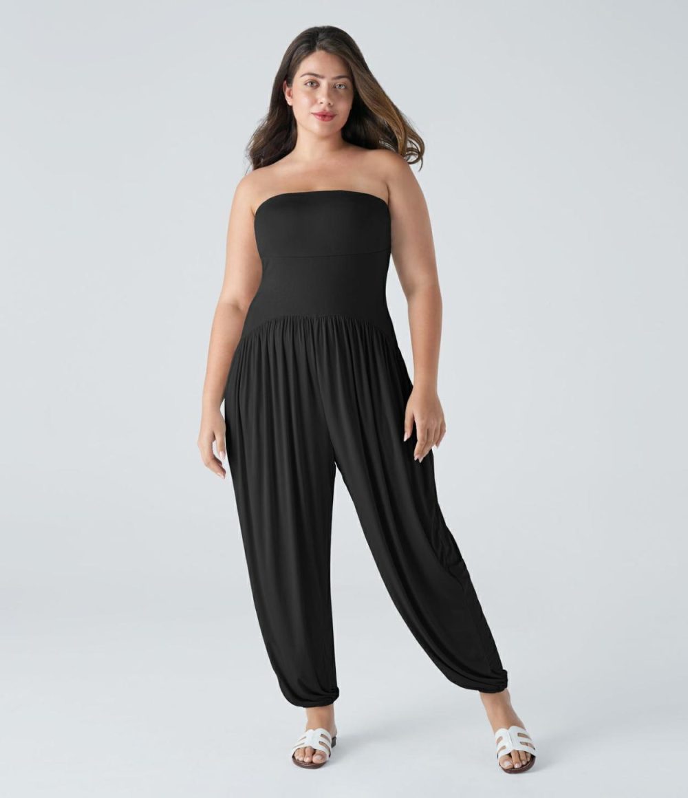 Ribbed Tube Backless Plicated Side Pocket Casual Plus Size Jumpsuit  | Womens  Dressey Jumpsuits Clothing Dressey Jumpsuits