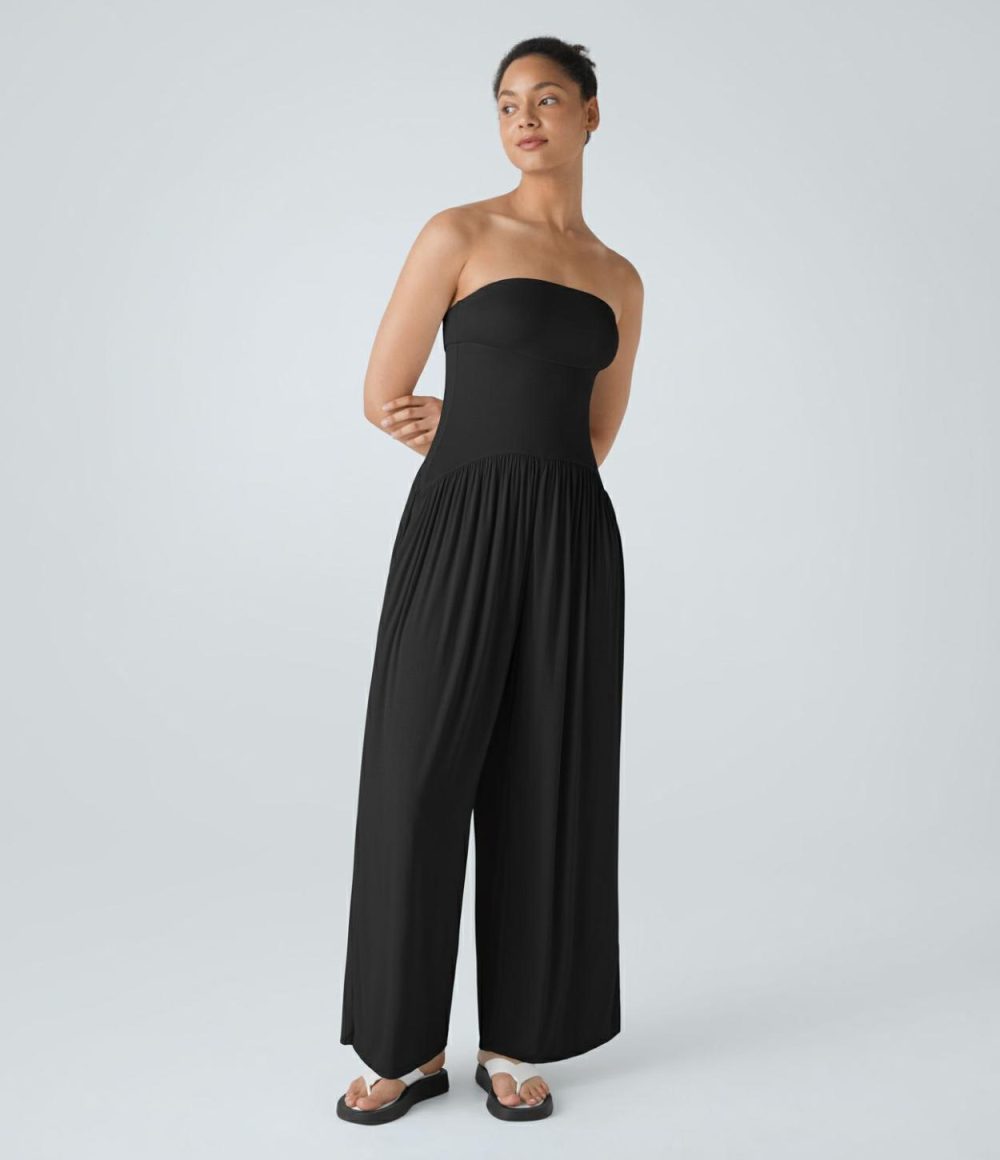 Ribbed Tube Backless Plicated Side Pocket Wide Leg Casual Jumpsuit  | Womens  Dressey Jumpsuits Clothing Dressey Jumpsuits