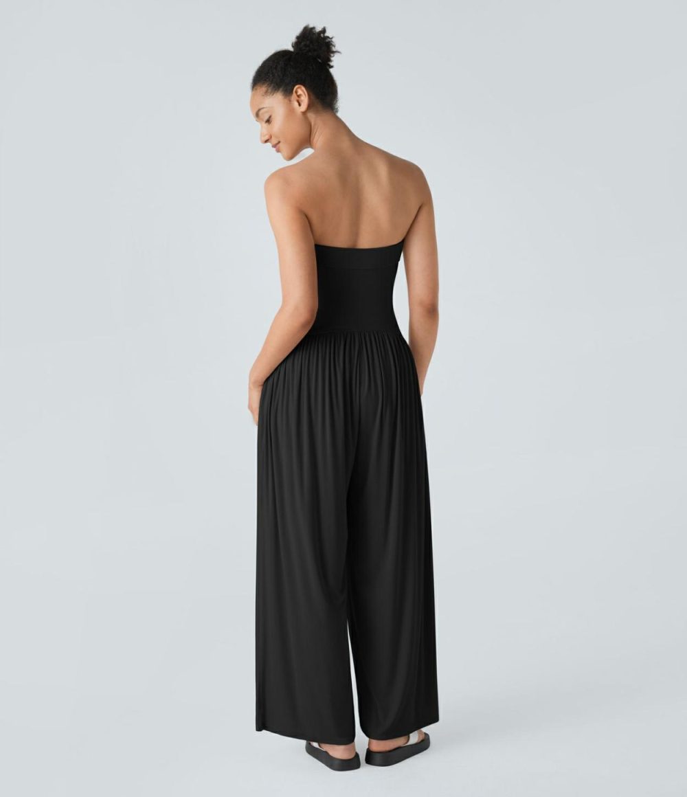 Ribbed Tube Backless Plicated Side Pocket Wide Leg Casual Jumpsuit  | Womens  Dressey Jumpsuits Clothing Dressey Jumpsuits