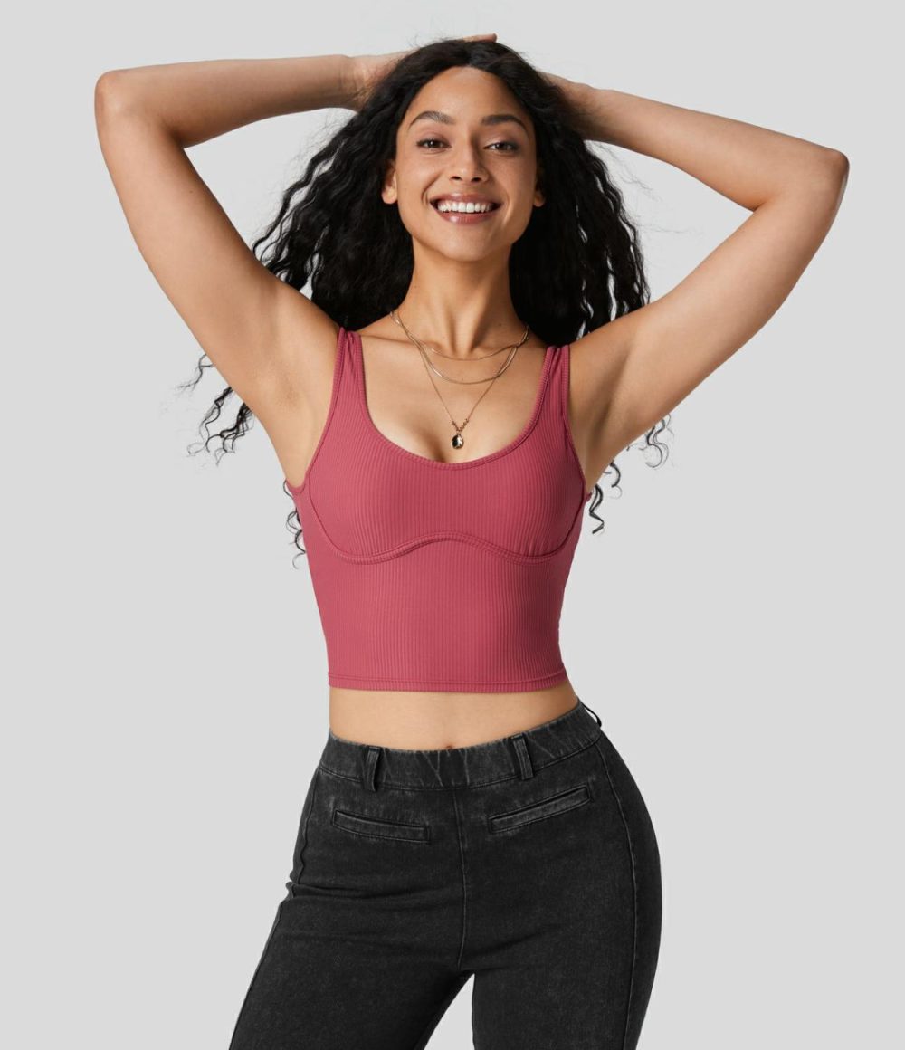 Ribbed U Neck Backless Skinny Cropped Yoga Tank Top  | Womens  Cropped Tops Clothing Cropped Tops