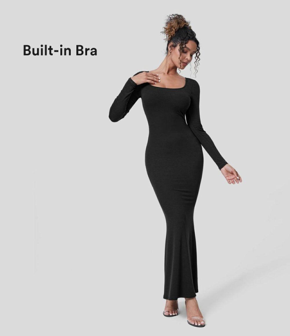 Ribbed U Neck Long Sleeve Bodycon Maxi Party Dress  | Womens  Party Dresses Clothing Black/Java