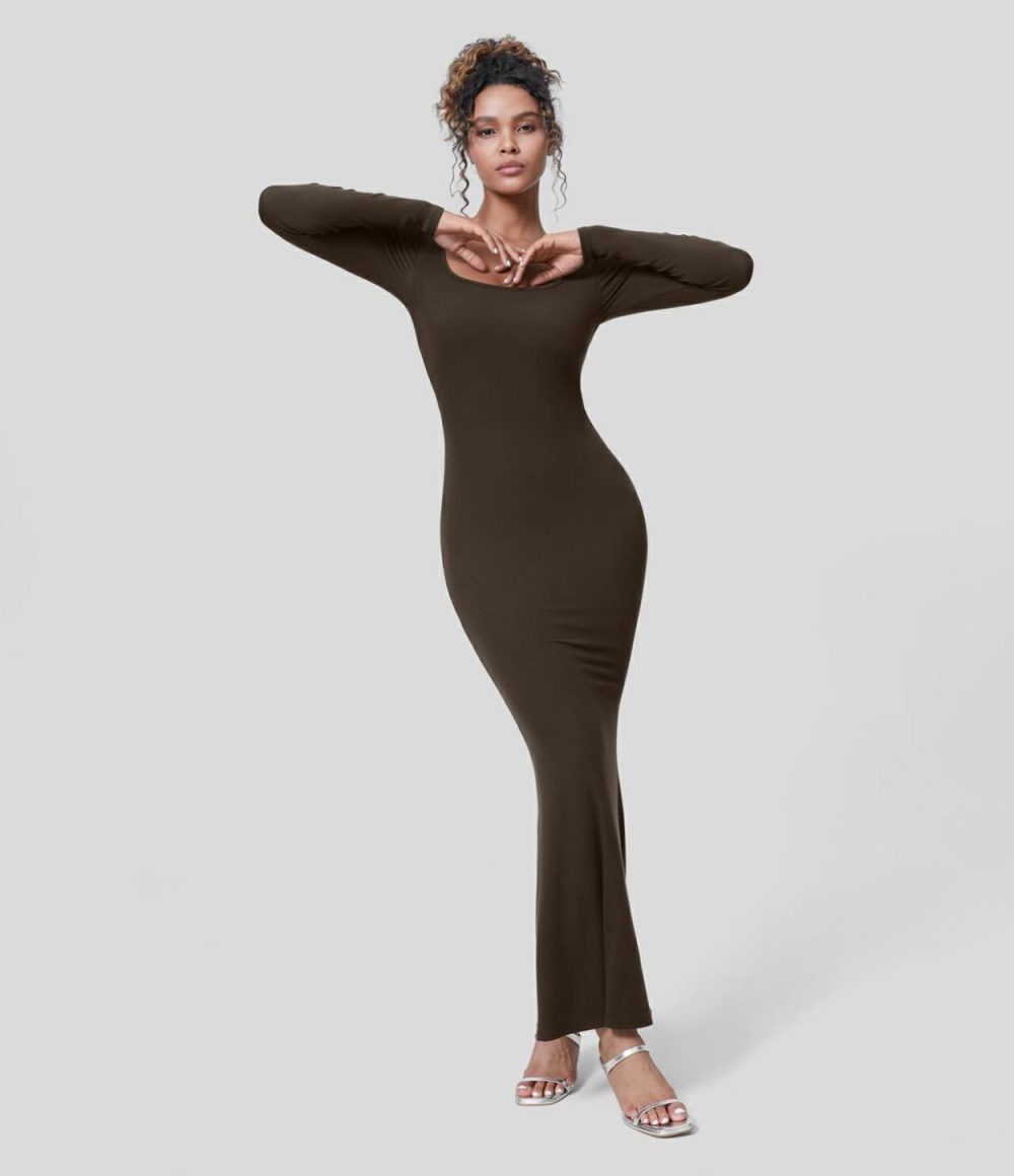 Ribbed U Neck Long Sleeve Bodycon Maxi Party Dress  | Womens  Party Dresses Clothing Black/Java