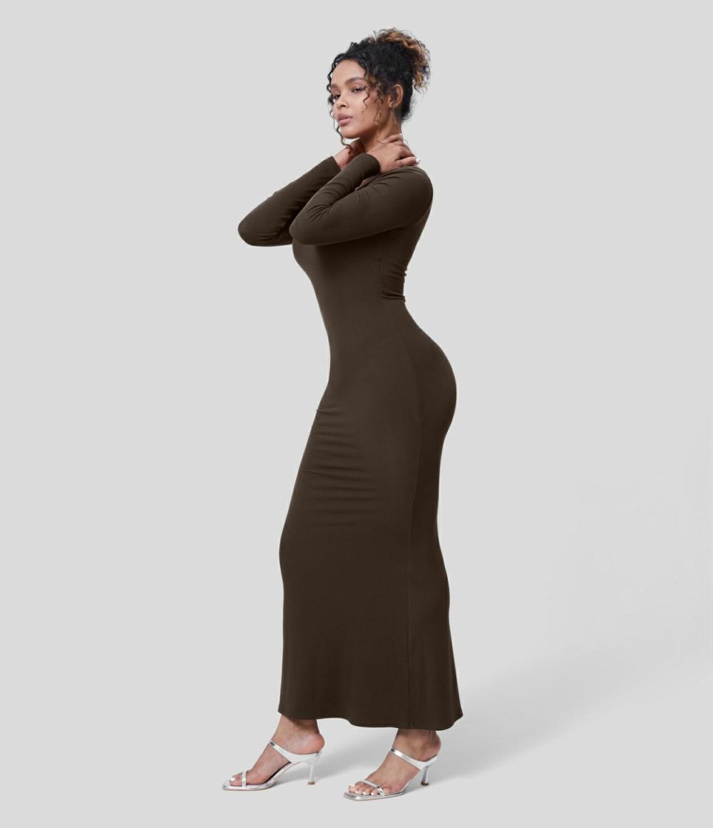 Ribbed U Neck Long Sleeve Bodycon Maxi Party Dress  | Womens  Party Dresses Clothing Black/Java