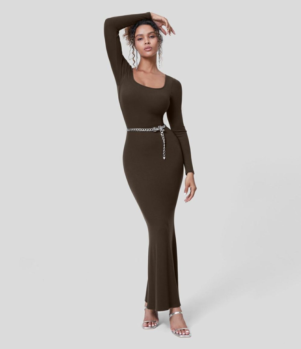 Ribbed U Neck Long Sleeve Bodycon Maxi Party Dress  | Womens  Party Dresses Clothing Black/Java