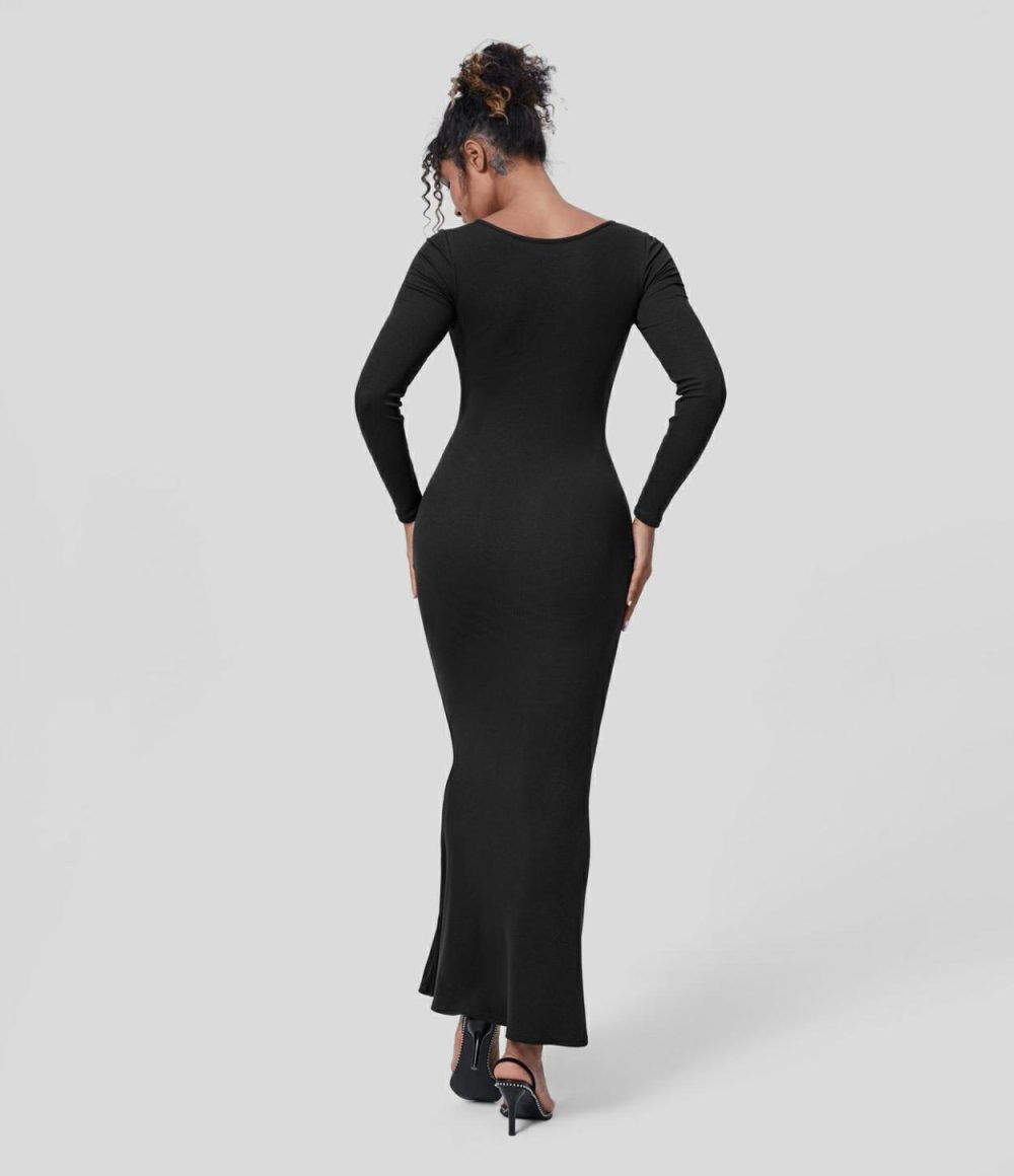 Ribbed U Neck Long Sleeve Bodycon Maxi Party Dress  | Womens  Party Dresses Clothing Black/Java