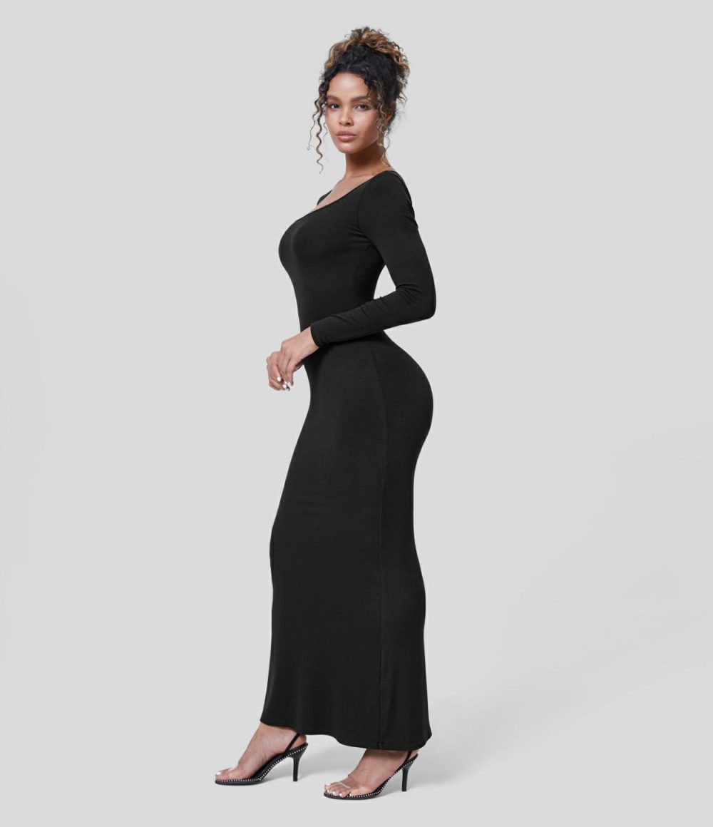 Ribbed U Neck Long Sleeve Bodycon Maxi Party Dress  | Womens  Party Dresses Clothing Black/Java