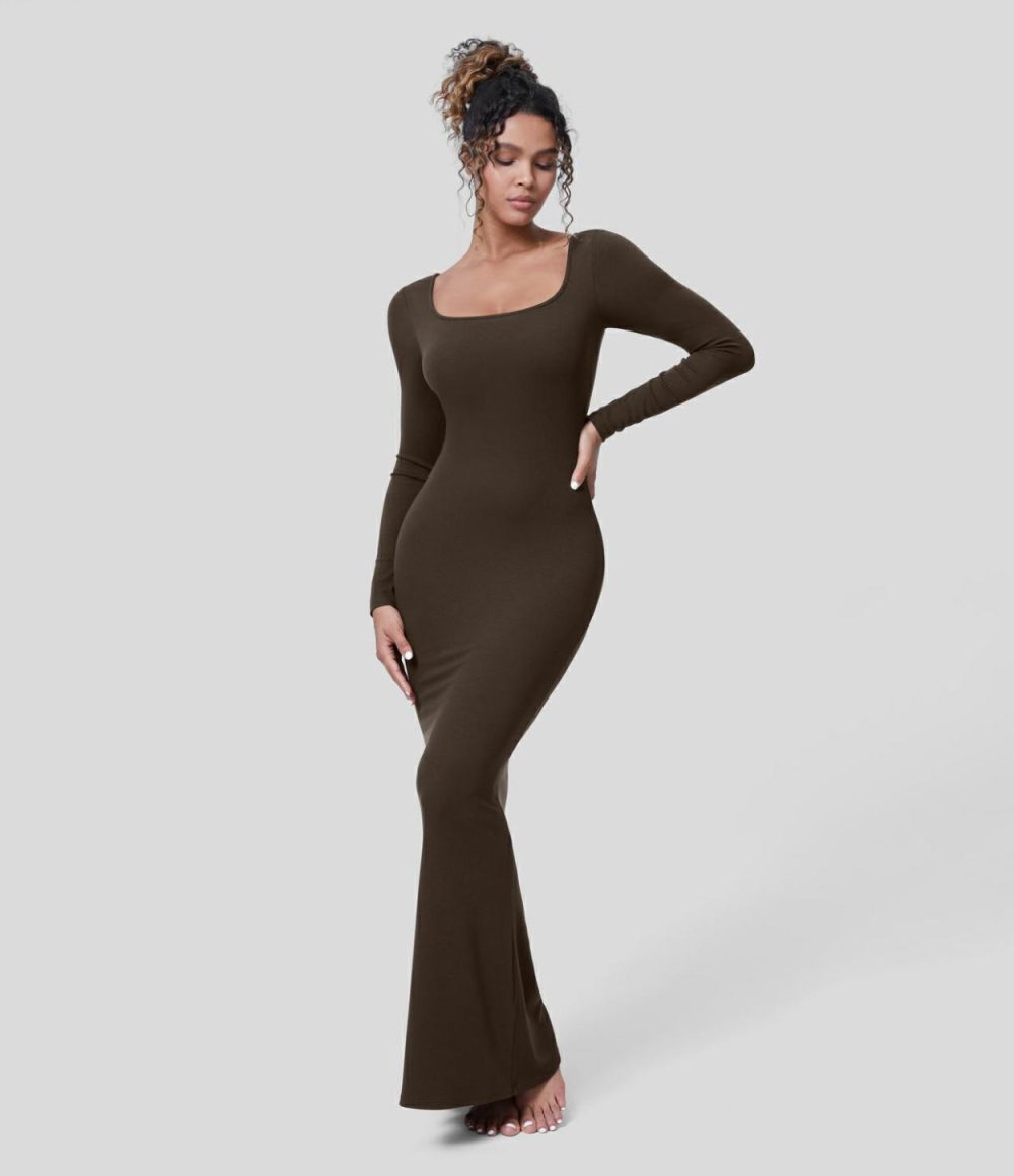 Ribbed U Neck Long Sleeve Bodycon Maxi Party Dress  | Womens  Party Dresses Clothing Black/Java