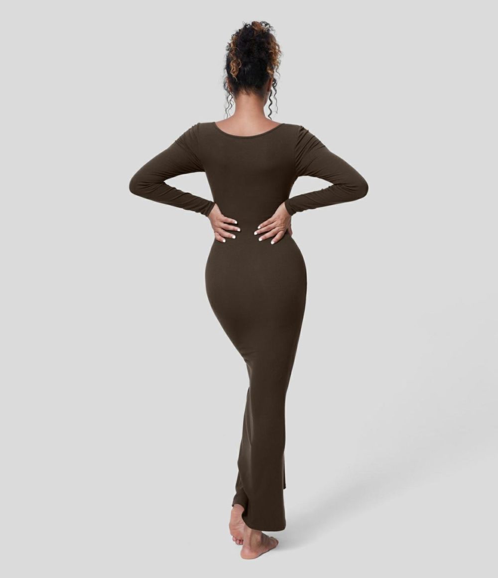 Ribbed U Neck Long Sleeve Bodycon Maxi Party Dress  | Womens  Party Dresses Clothing Black/Java