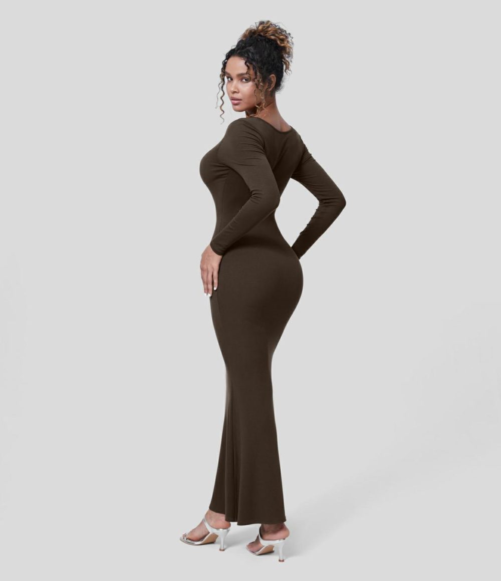 Ribbed U Neck Long Sleeve Bodycon Maxi Party Dress  | Womens  Party Dresses Clothing Black/Java